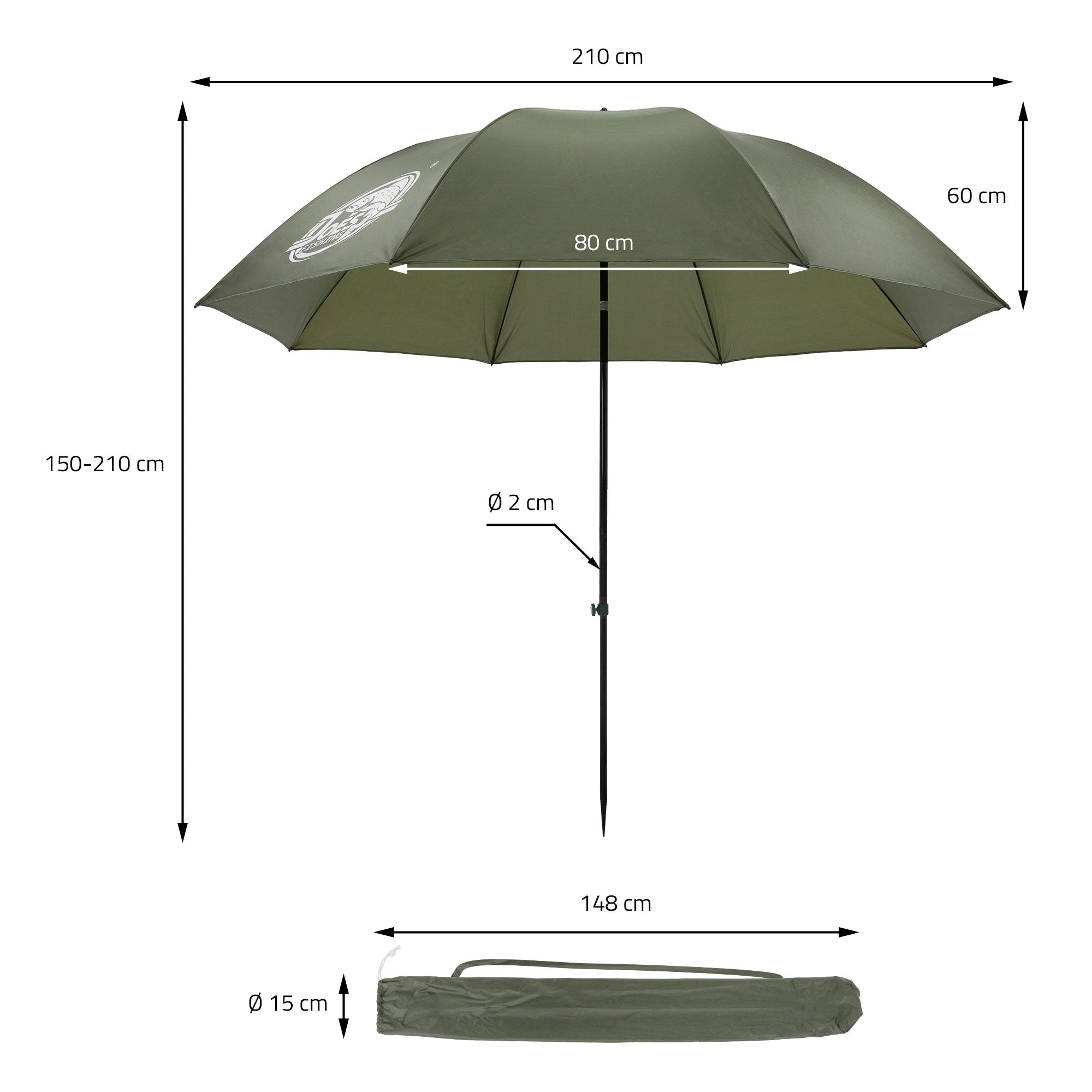Måltegning af en parasol med diameter og højdemål.