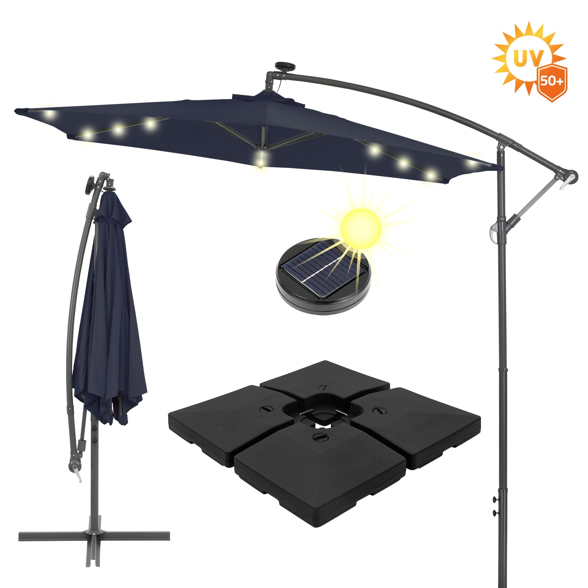 Sonnenschirm mit LED-Beleuchtung und quadratischen Gewichten auf einem Tisch.