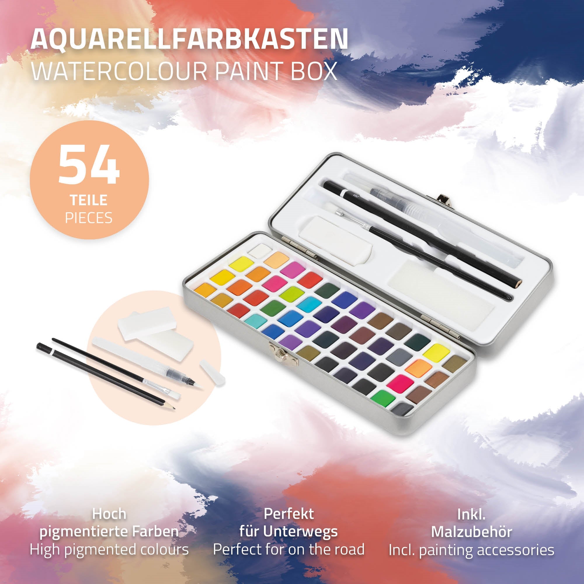 Aquarellfarbkasten mit 54 Teilen, inklusive Pinsel und Malzubehör auf buntem Hintergrund.