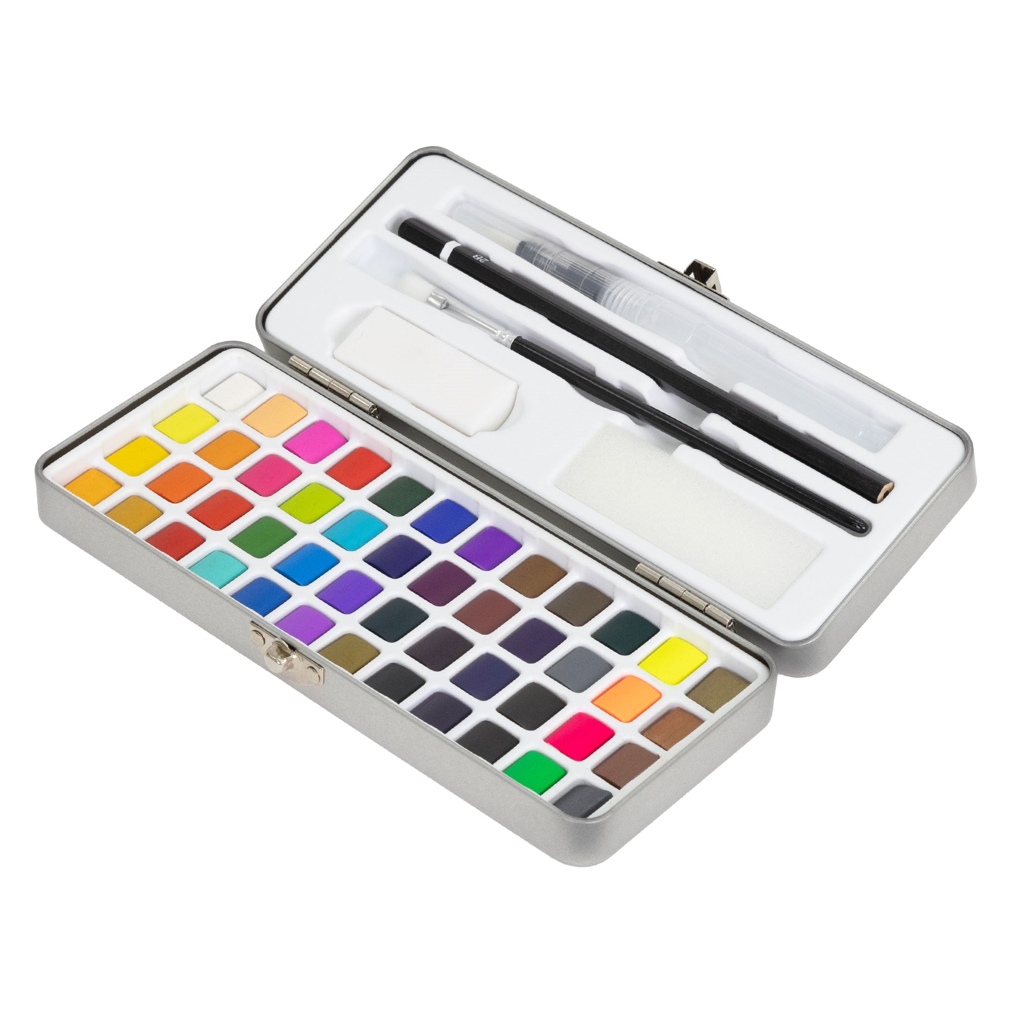 Eine geschlossene Wasserfarbenpalette mit Pinsel und Radiergummi.