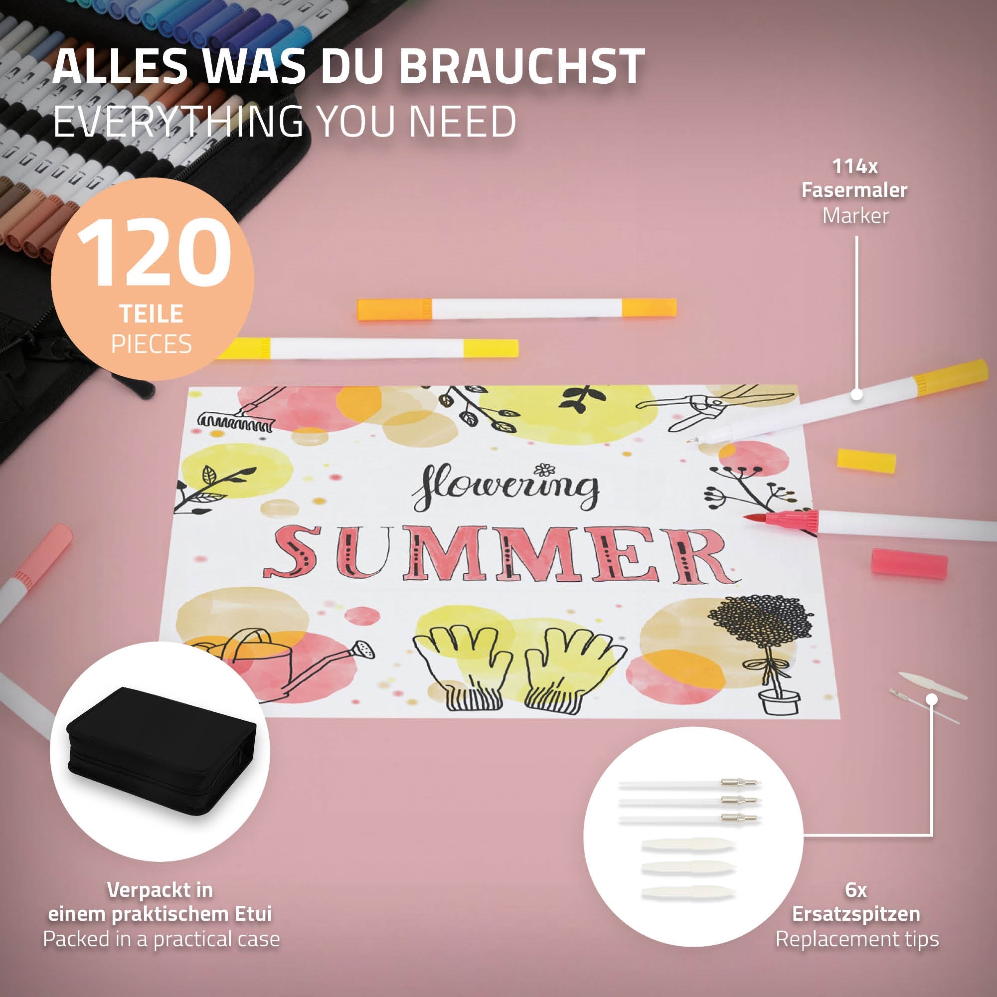 Practical case with 120 pieces, including markers and replacement tips.