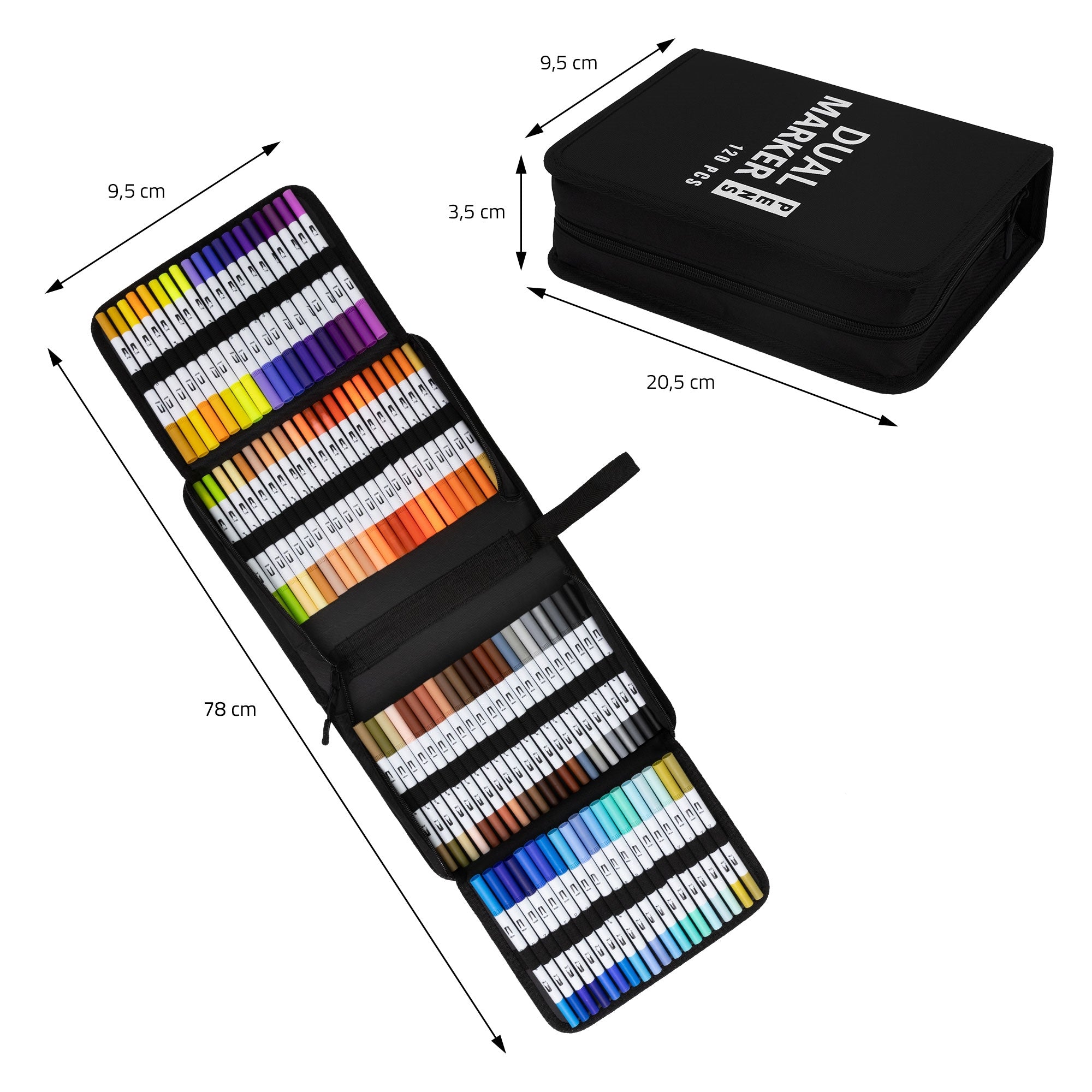 Black bag with many markers in various colors, opened and spread out.