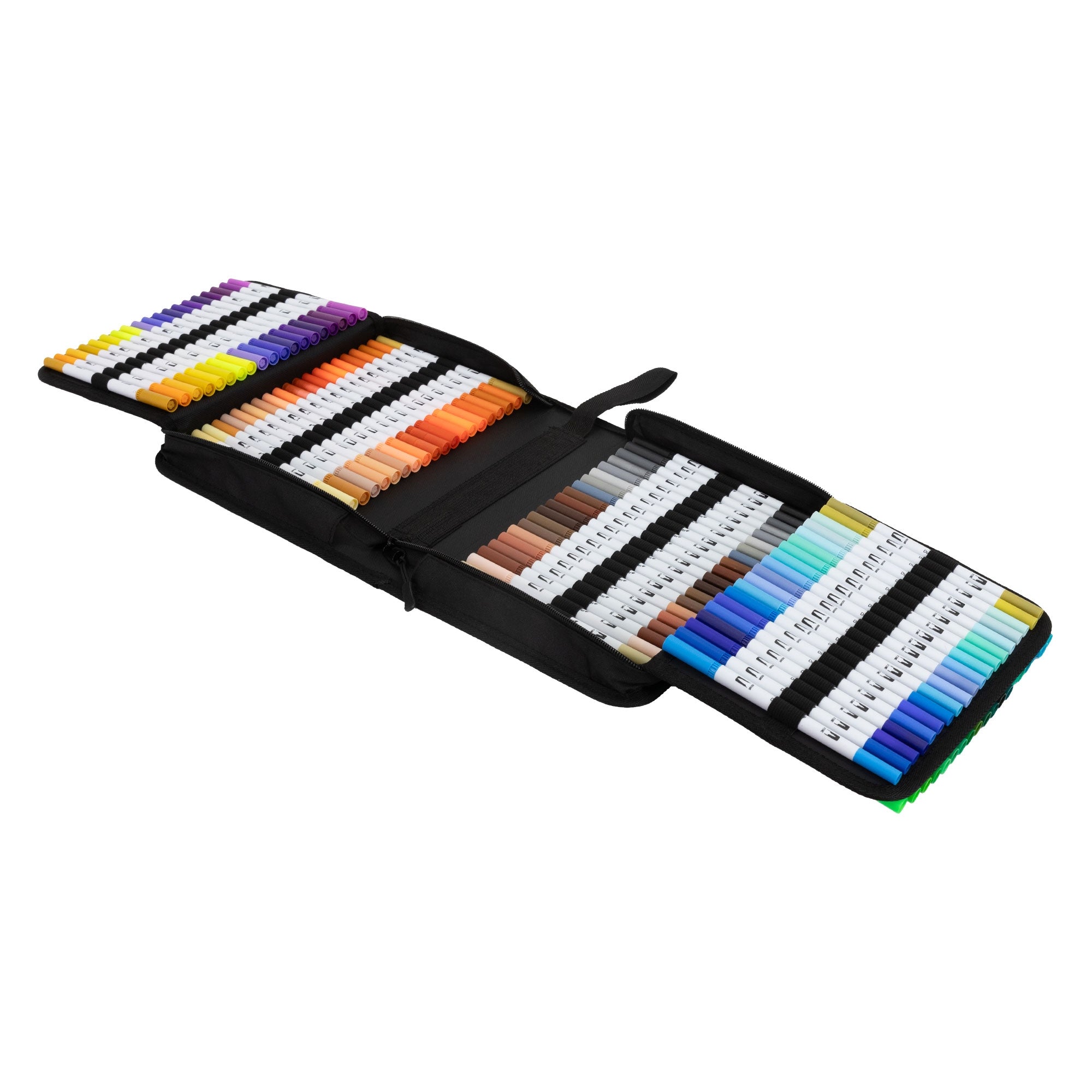 Schwarze Tasche mit Markern, die in verschiedenen Farben angeordnet sind.