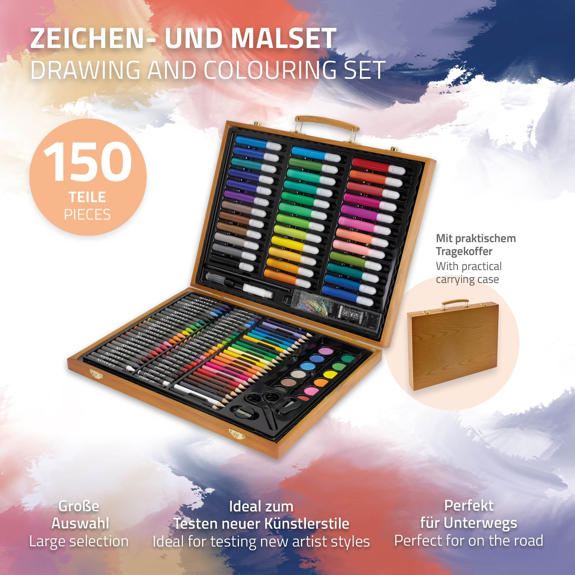 Ein Zeichen- und Malset mit 150 Teilen in einem Holztragekoffer.