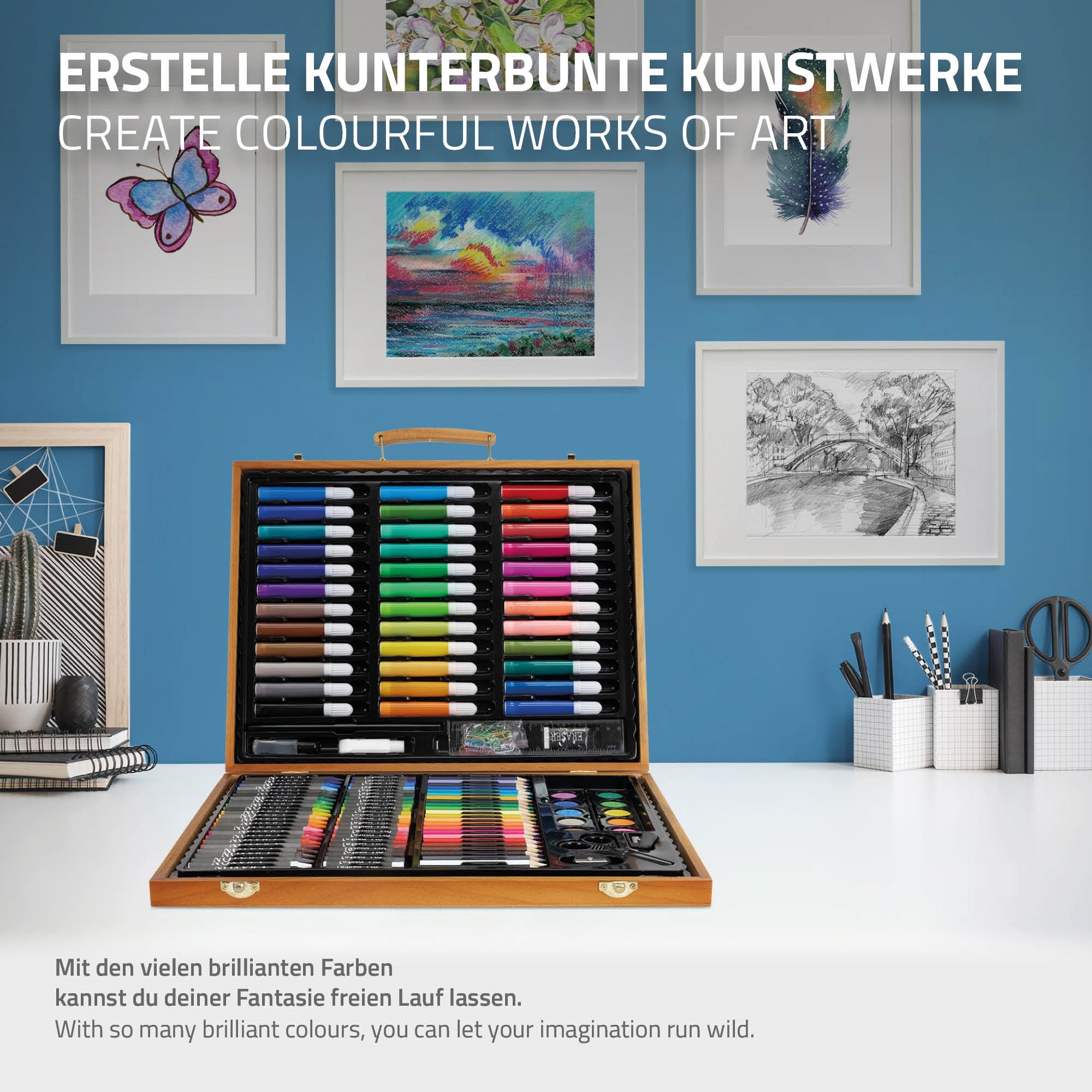 Ein offenes Kunstset mit verschiedenen Farben und einem Kunstwerk im Hintergrund.