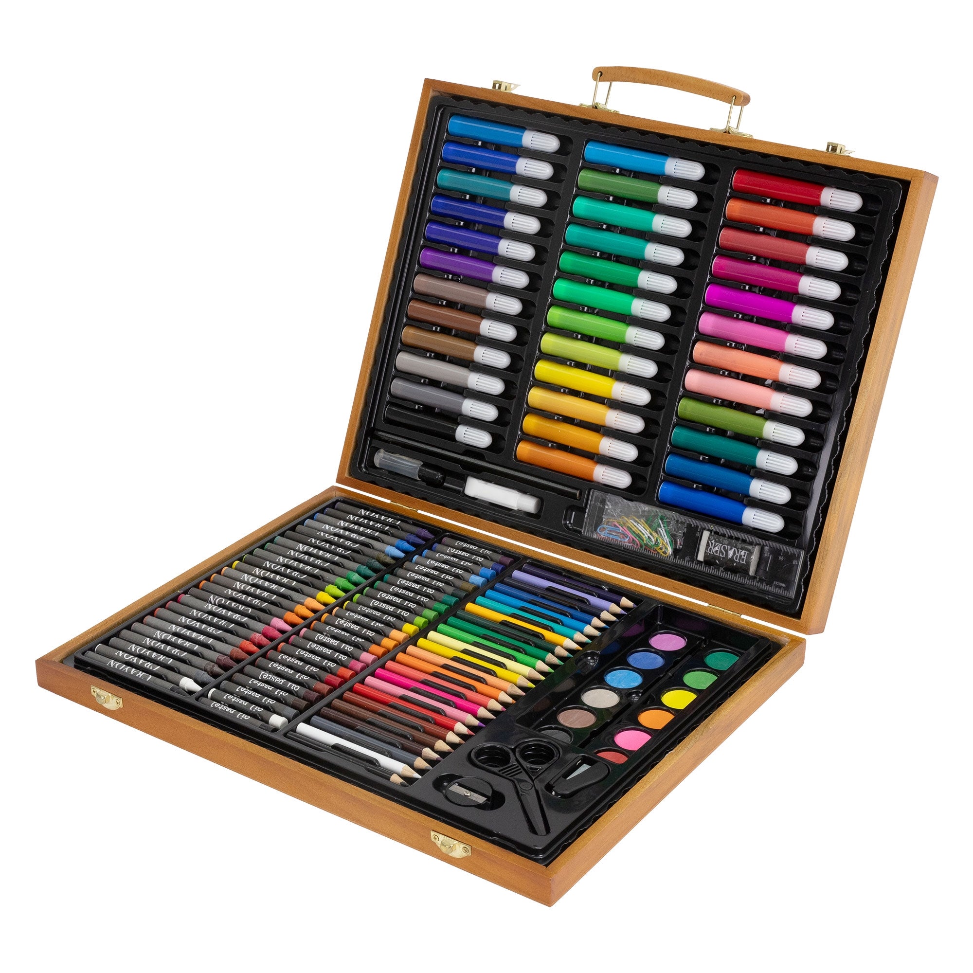 Offener Holzkoffer mit verschiedenen Farben und Zeichenmaterialien.