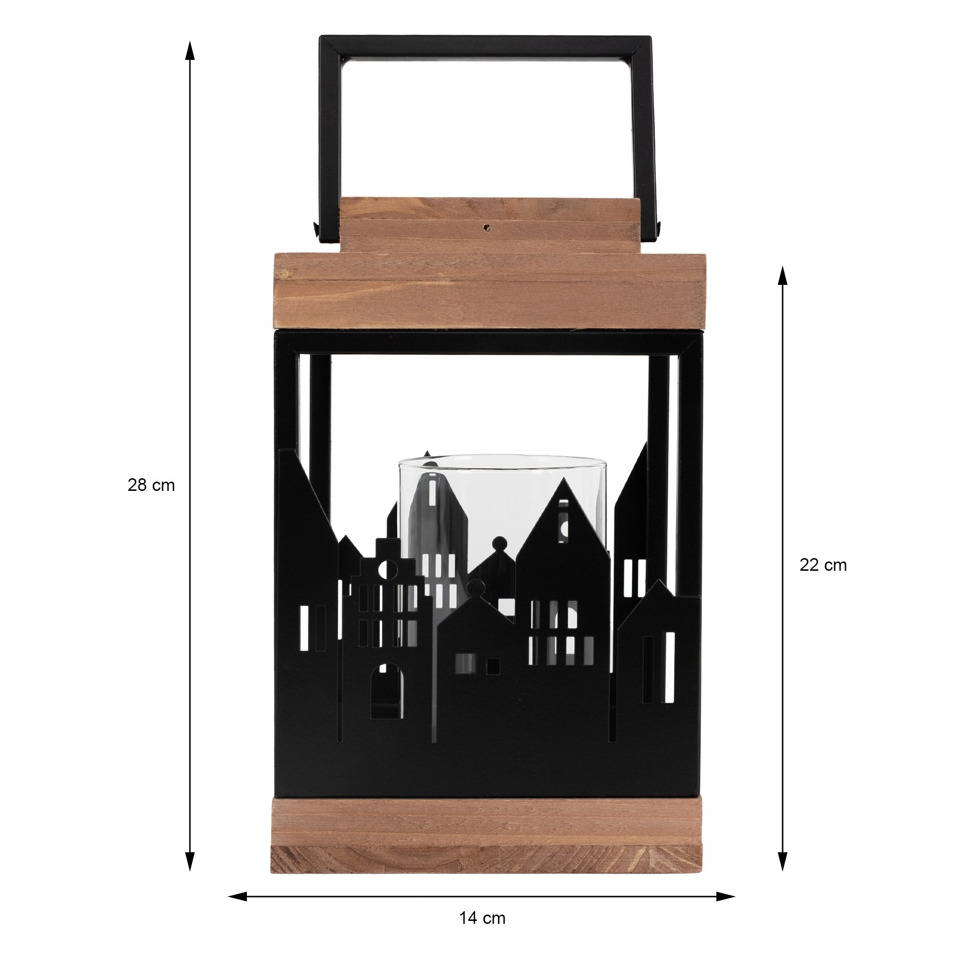 Laterne aus Holz und Metall mit einem Glasbehälter und Stadtmotiven.