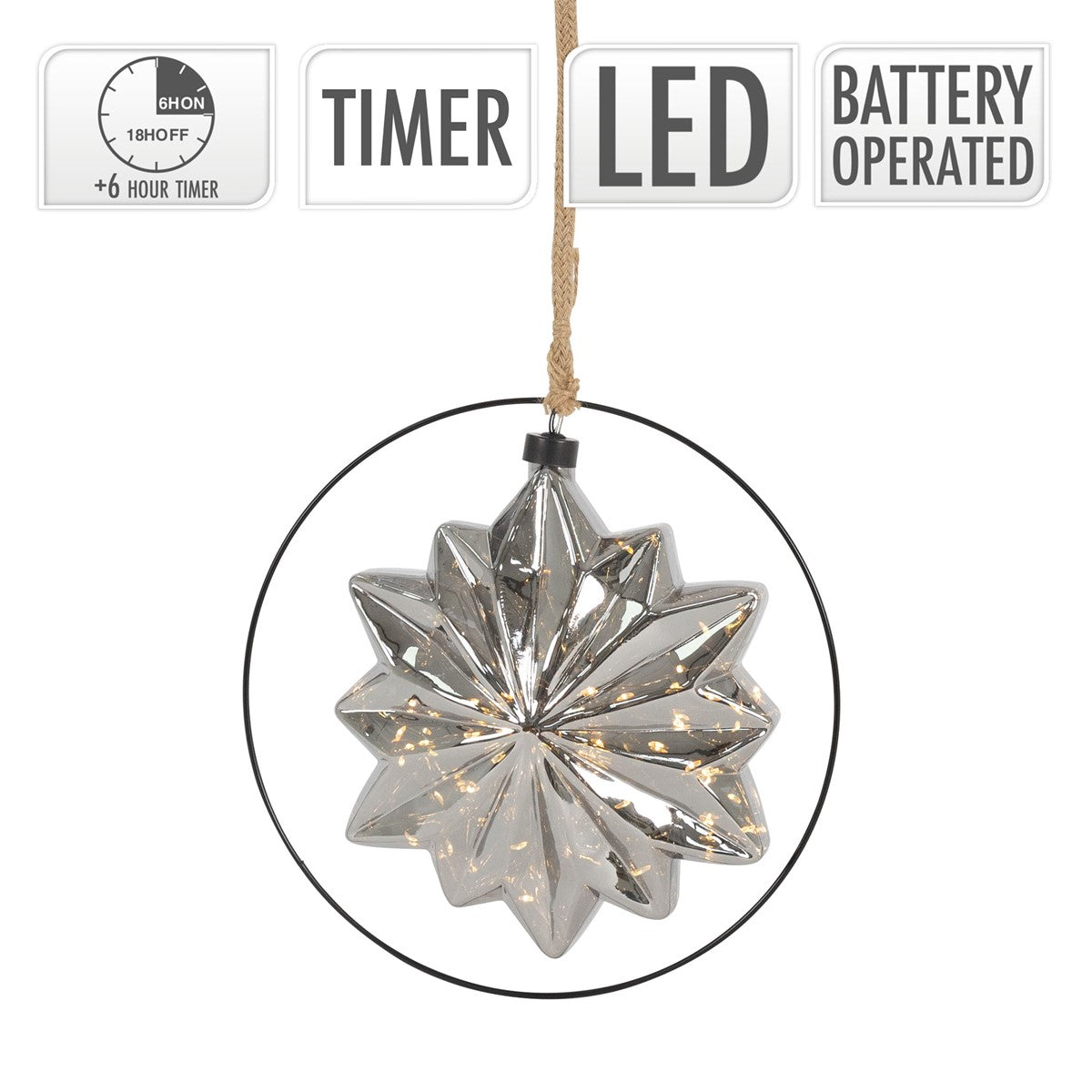 Estrella metálica colgante con luces LED, cordón y función de temporizador.