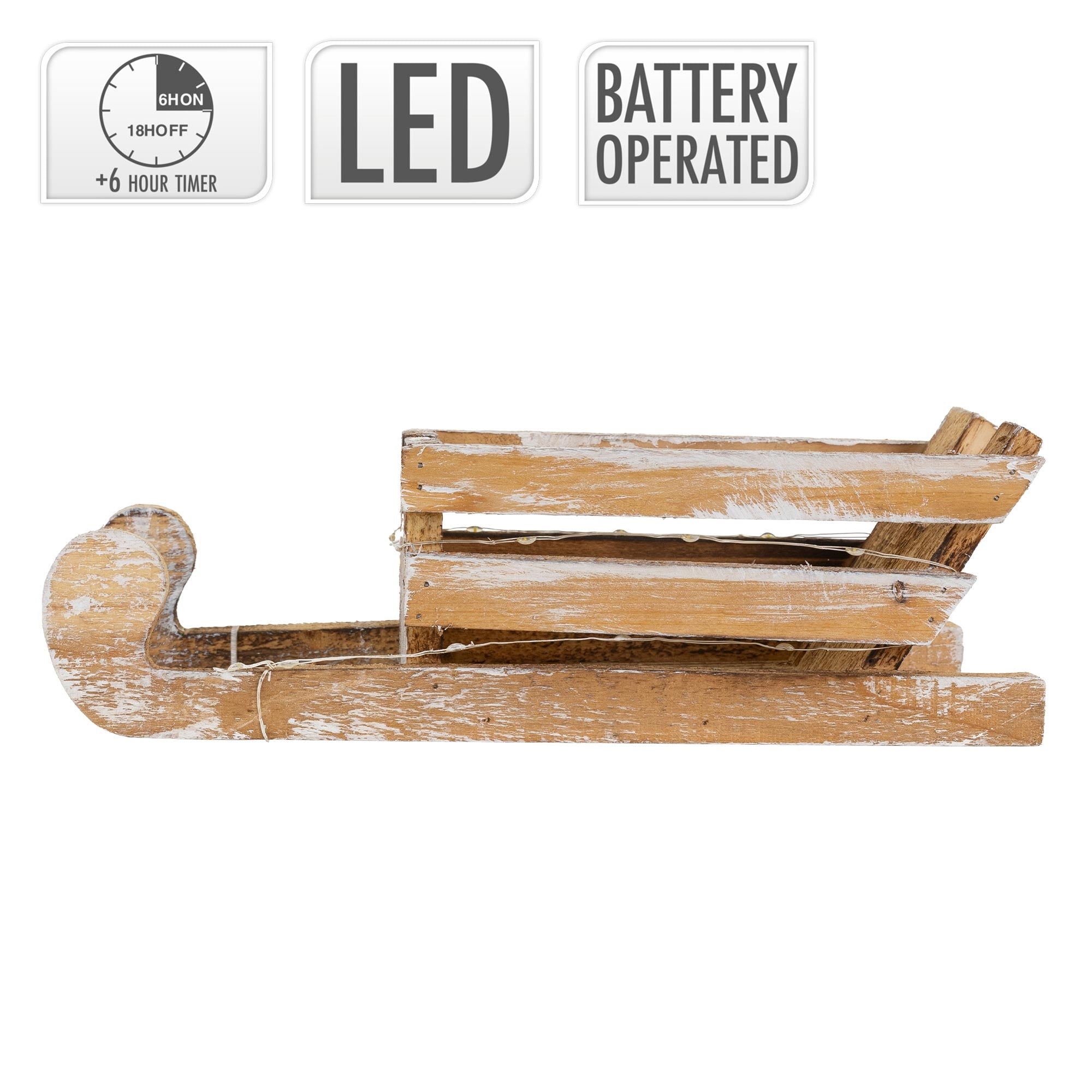 Trineo de madera plegado, con iluminación LED y funcionamiento a batería.