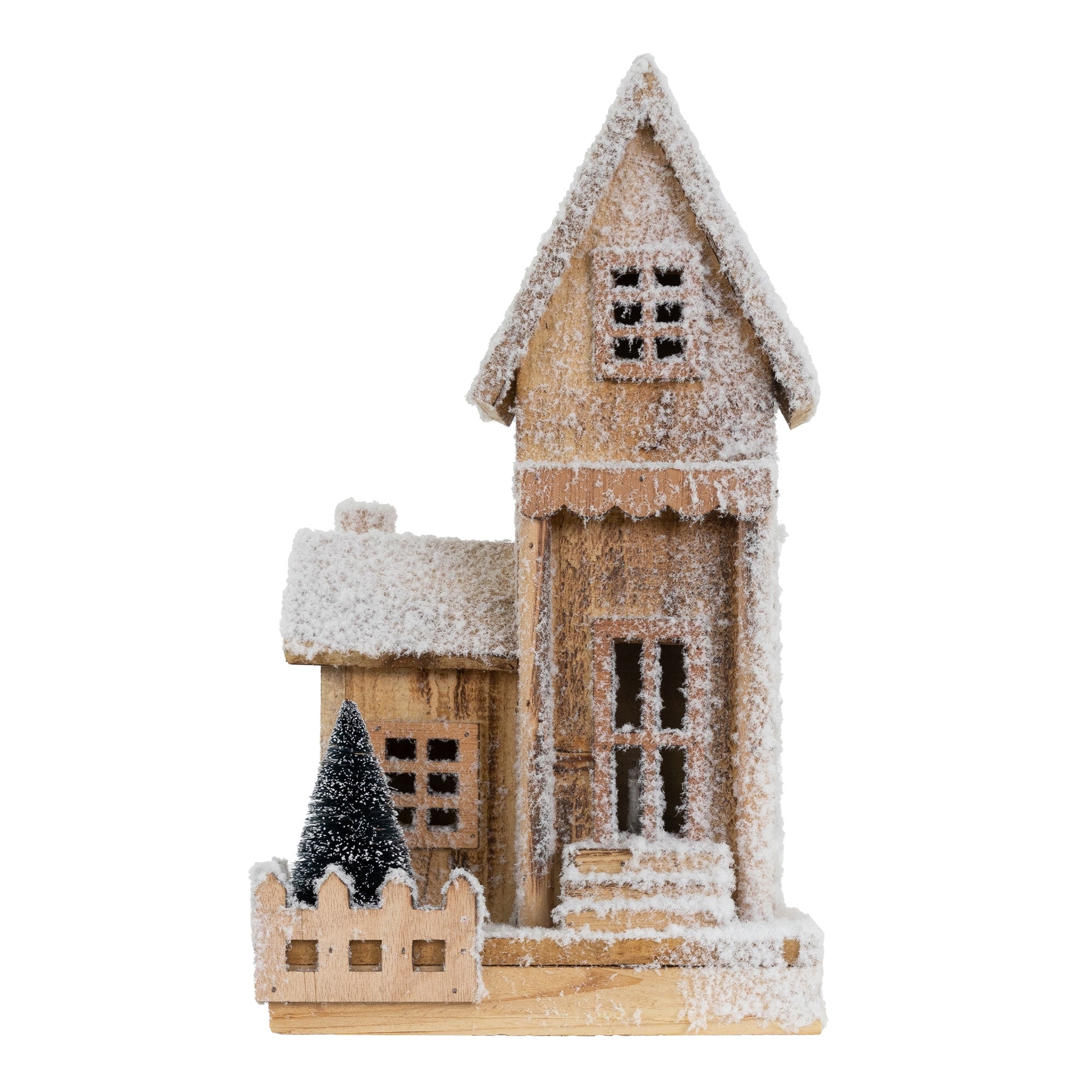 Holzhaus mit Schnee, Fenstern und einem kleinen Tannenbaum.