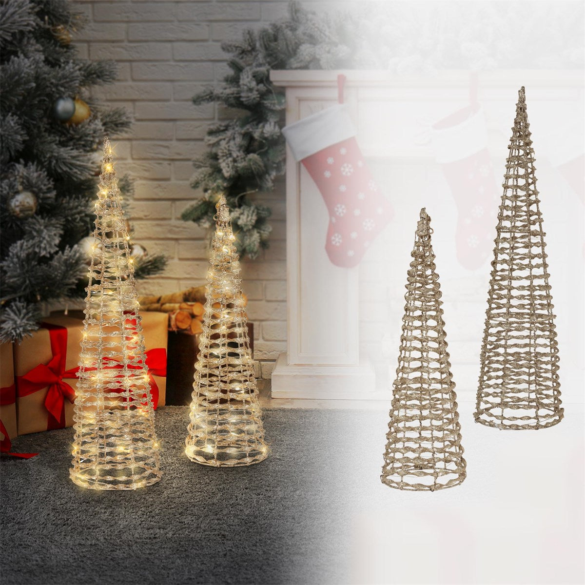 Drei beleuchtete Weihnachtsbäume aus Draht vor einem Kamin mit Weihnachtsstrümpfen.