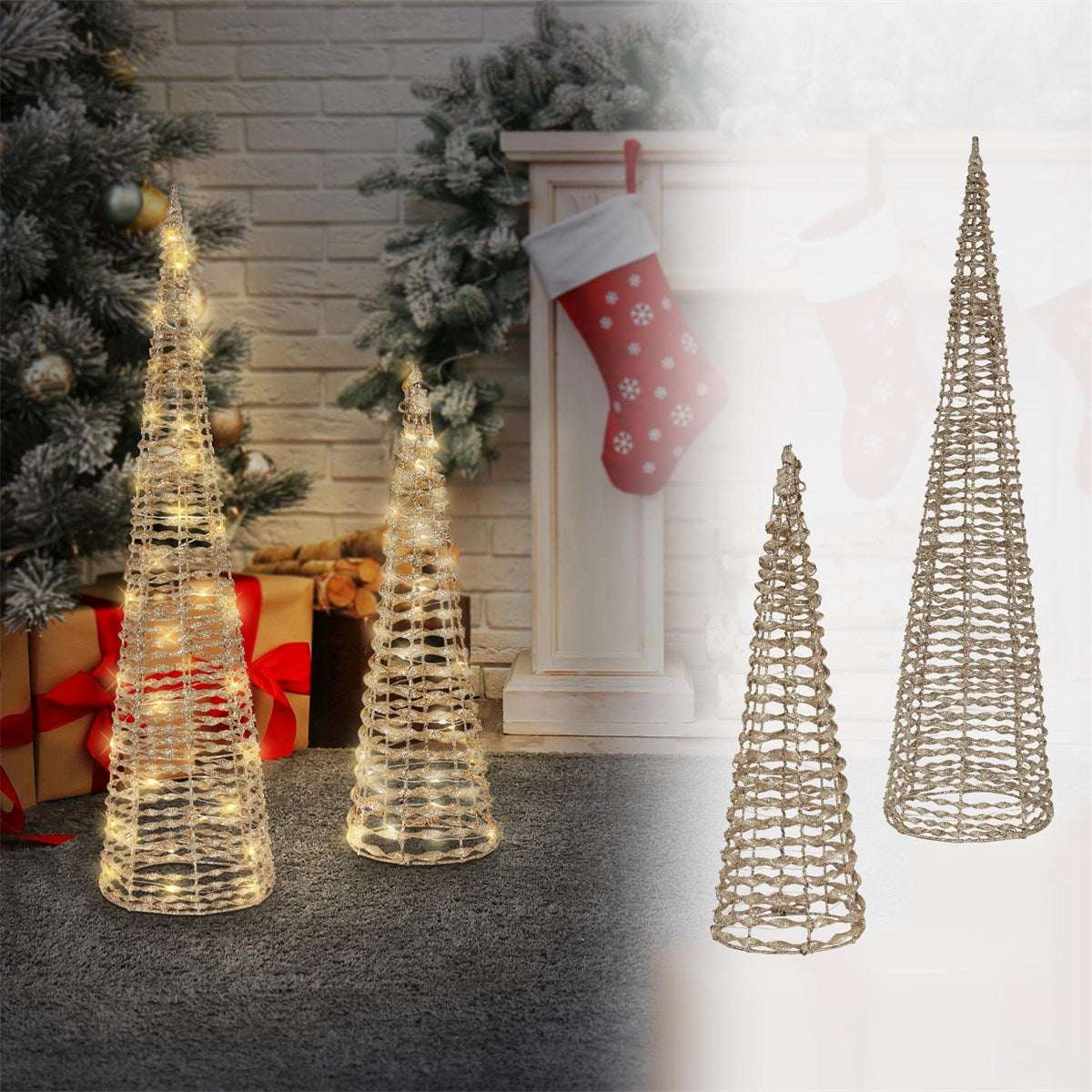Drei beleuchtete Drahtbäume vor einem Kamin mit Weihnachtsstrumpf.