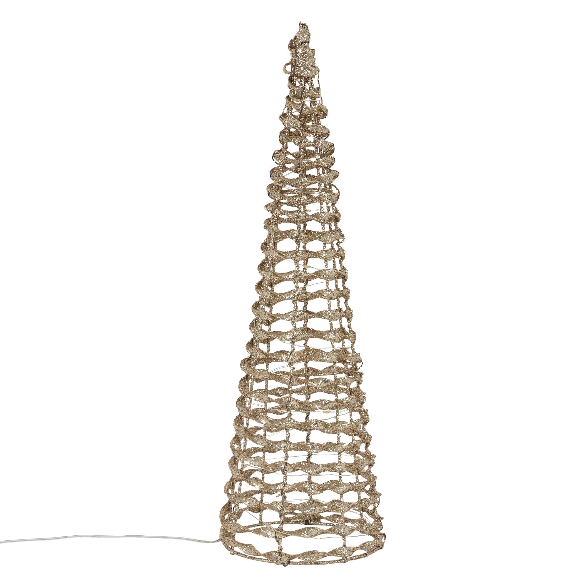 Drahtgestell in Kegelform, beige, mit Kabel.