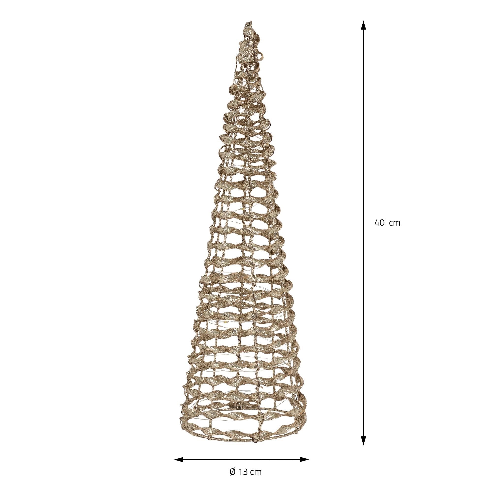 Ein dekorativer, spiralförmiger Weihnachtsbaum aus geflochtenem Material, 40 cm hoch und 13 cm breit.