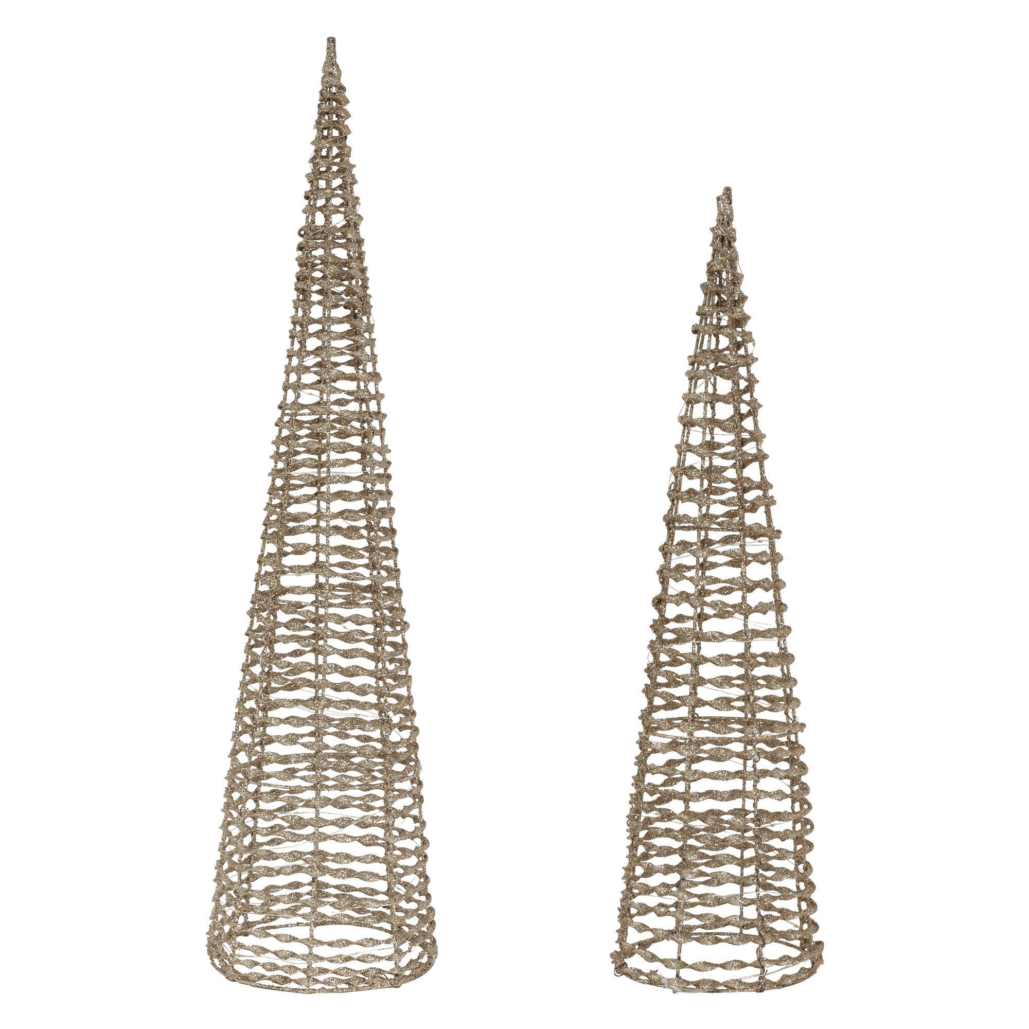 Deux objets décoratifs coniques en matériau tressé de couleurs claires.