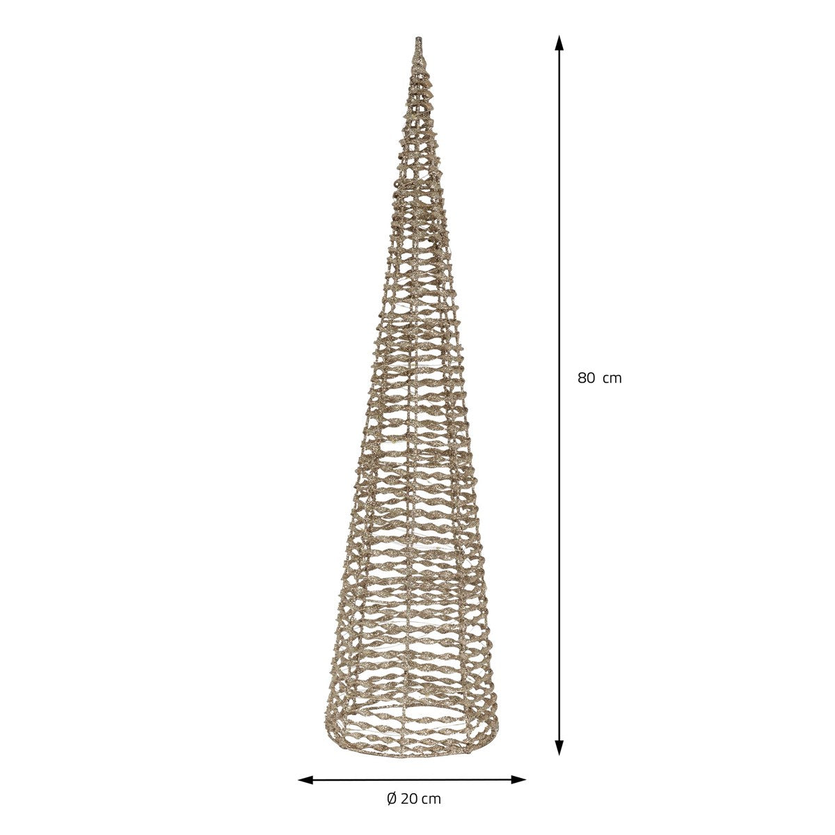 Metallilankakartio, korkeus 80 cm ja halkaisija 20 cm.