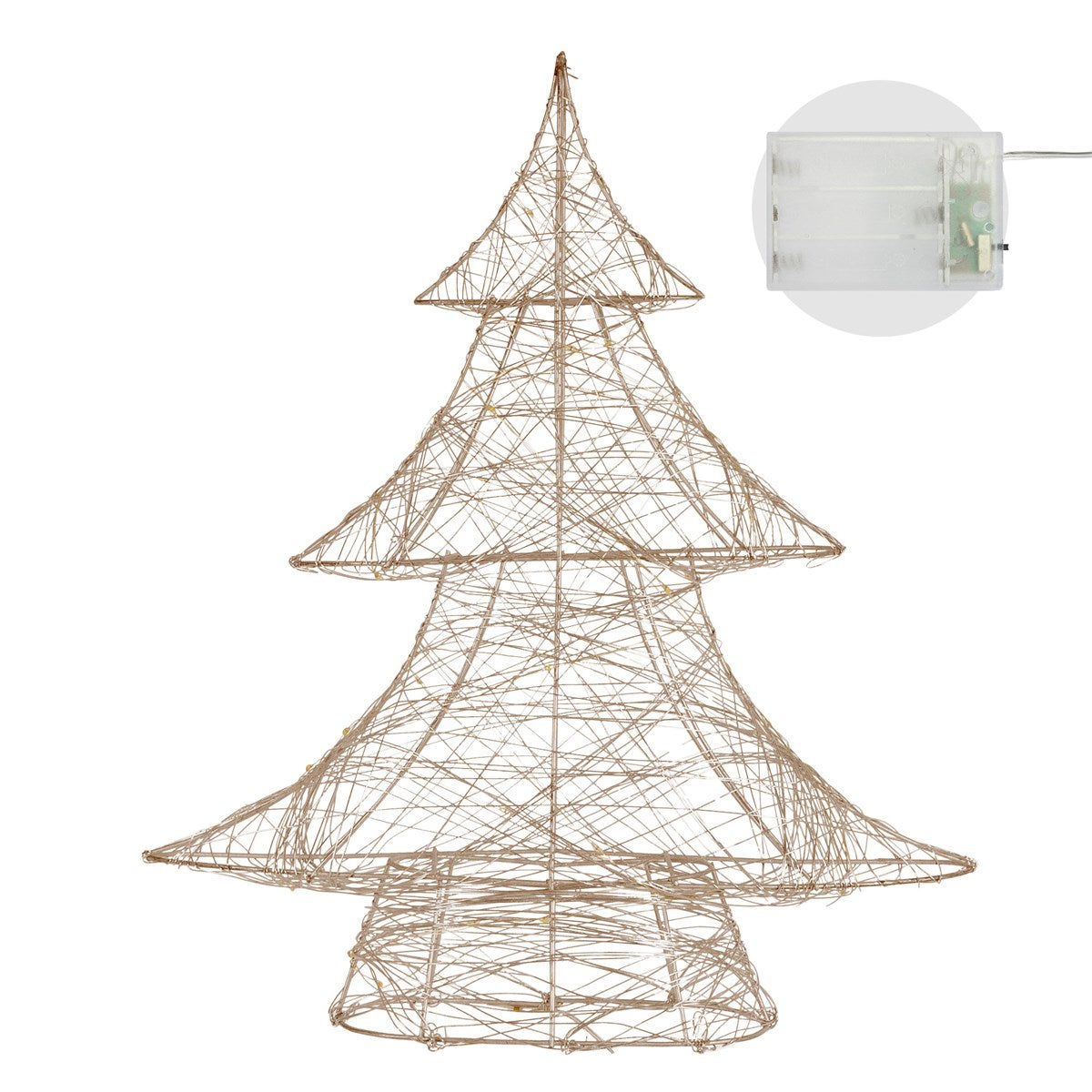 An unlit wire Christmas tree on a white background.