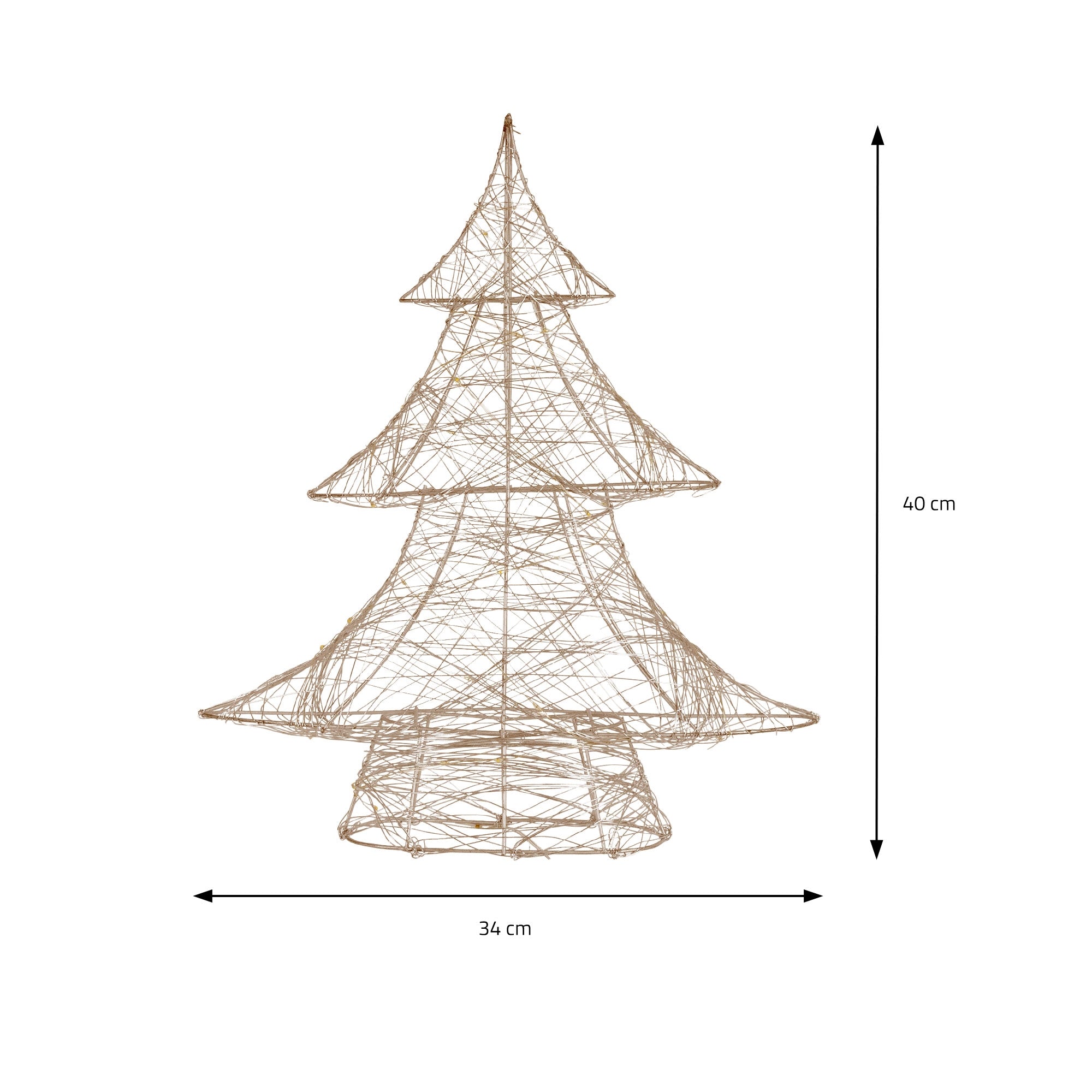 Drót karácsonyfa méretezése, magassága 40 cm, szélessége 34 cm.