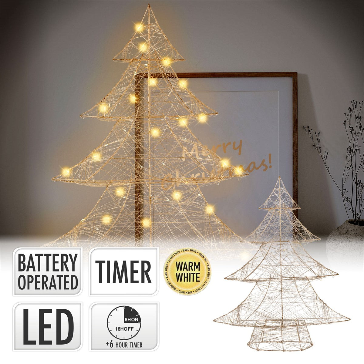 Beleuchteter Weihnachtsbaum aus Draht mit Timer-Funktion.