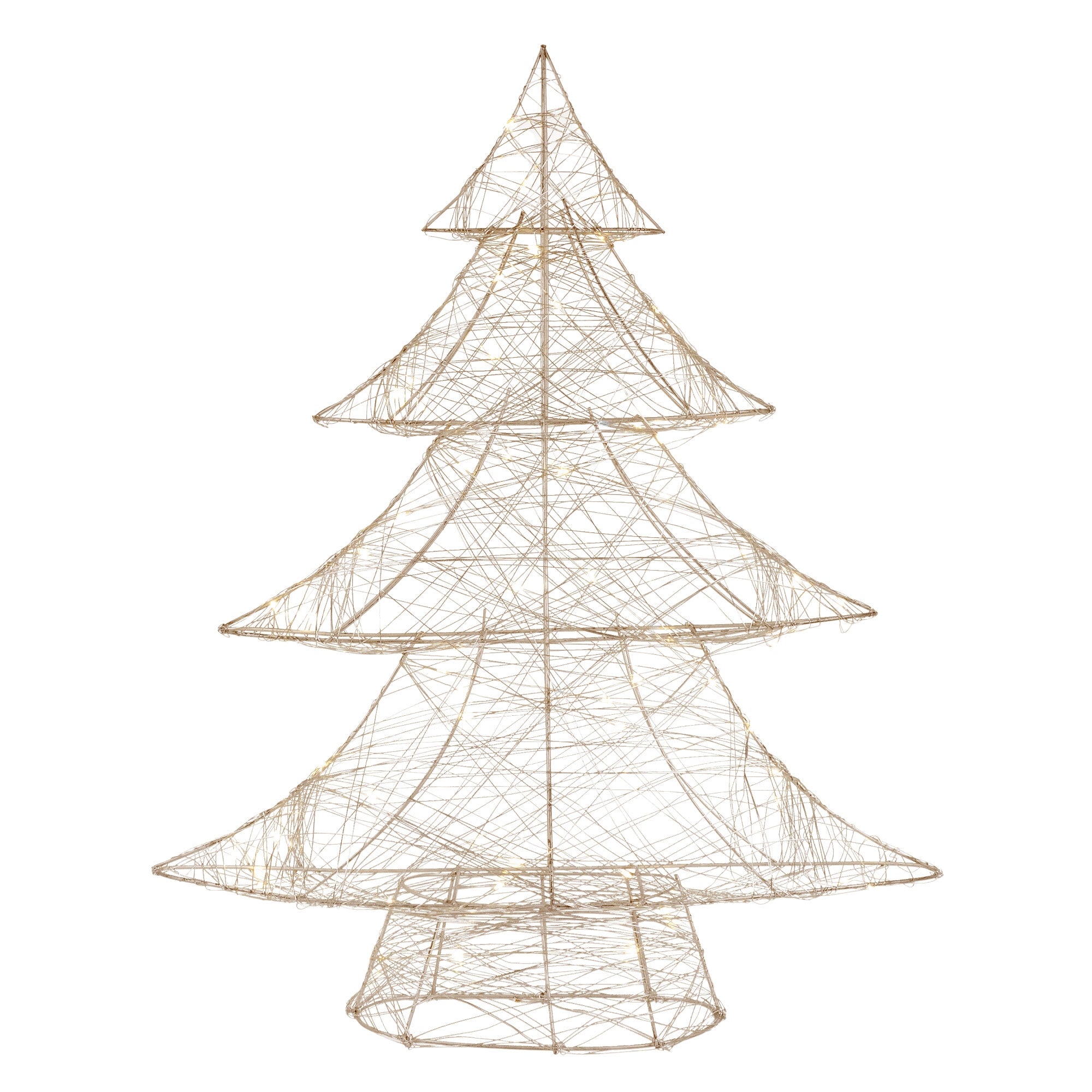 Draht-Weihnachtsbaum in goldener Farbe, mit geschwungenen Ästen.