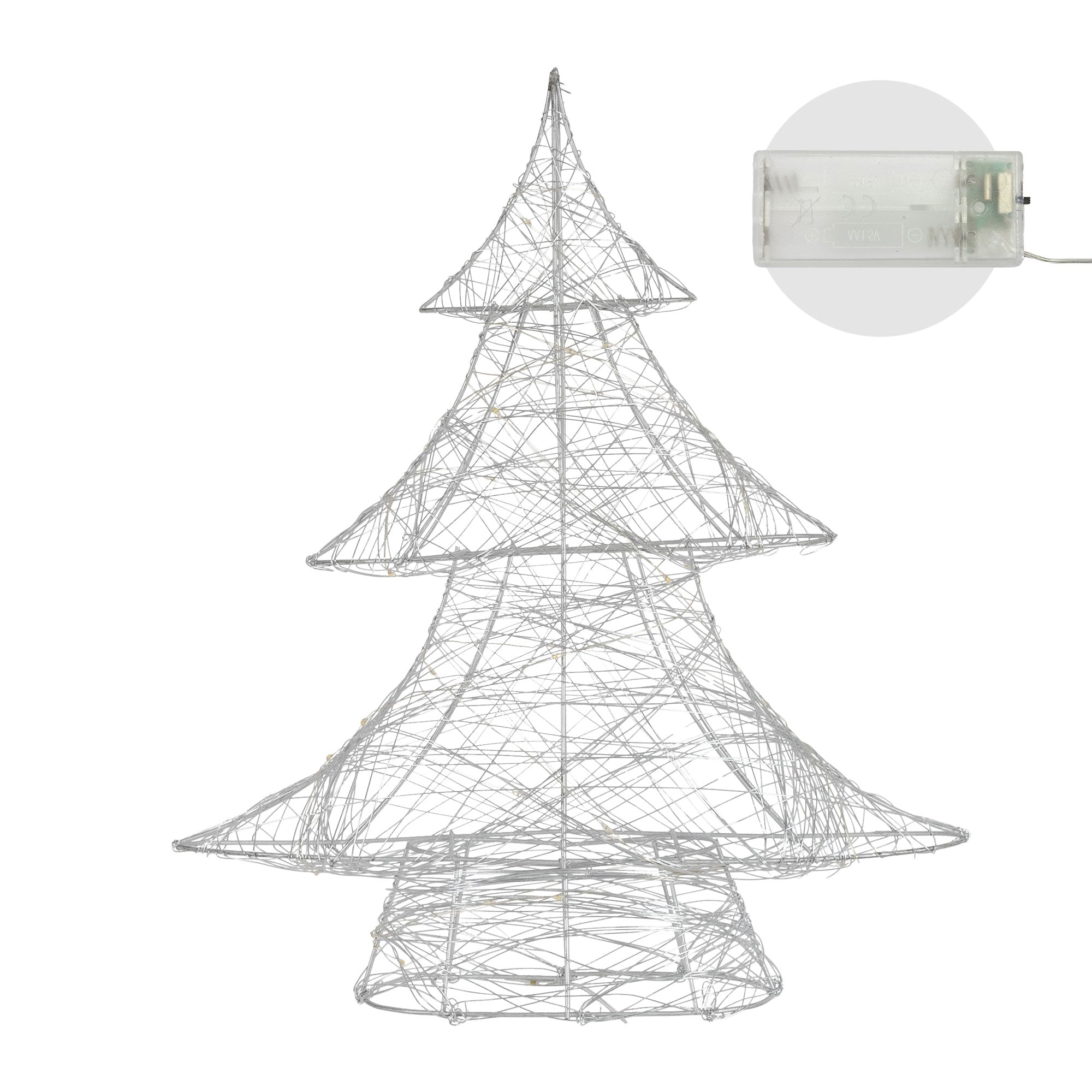 A white wire Christmas tree with a transparent control unit in the background.