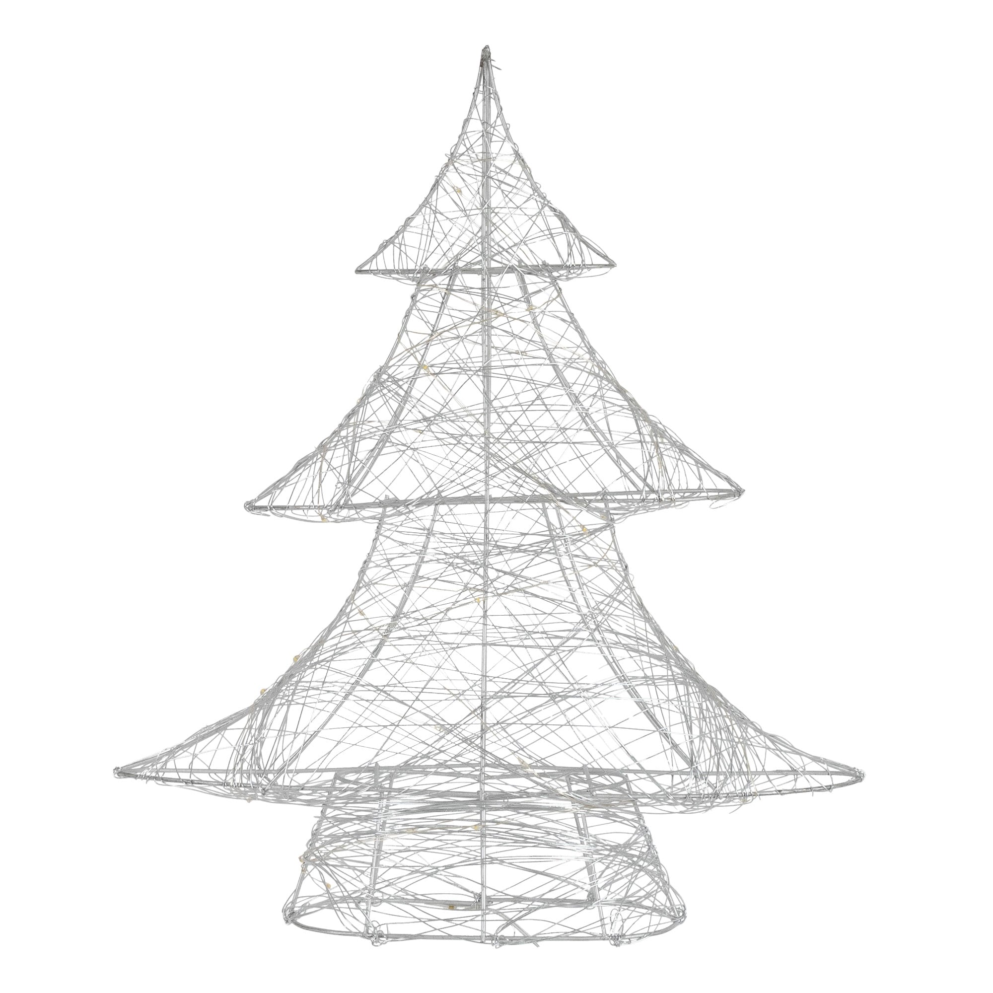 White, wire-like Christmas tree on a white background.
