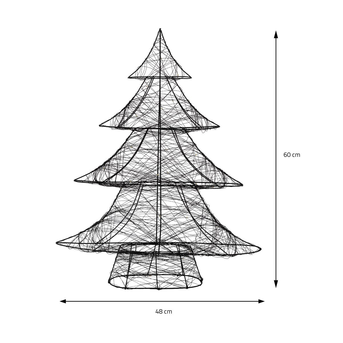 Joulukuusen muotoinen lankapuu, 60 cm korkea ja 48 cm leveä.