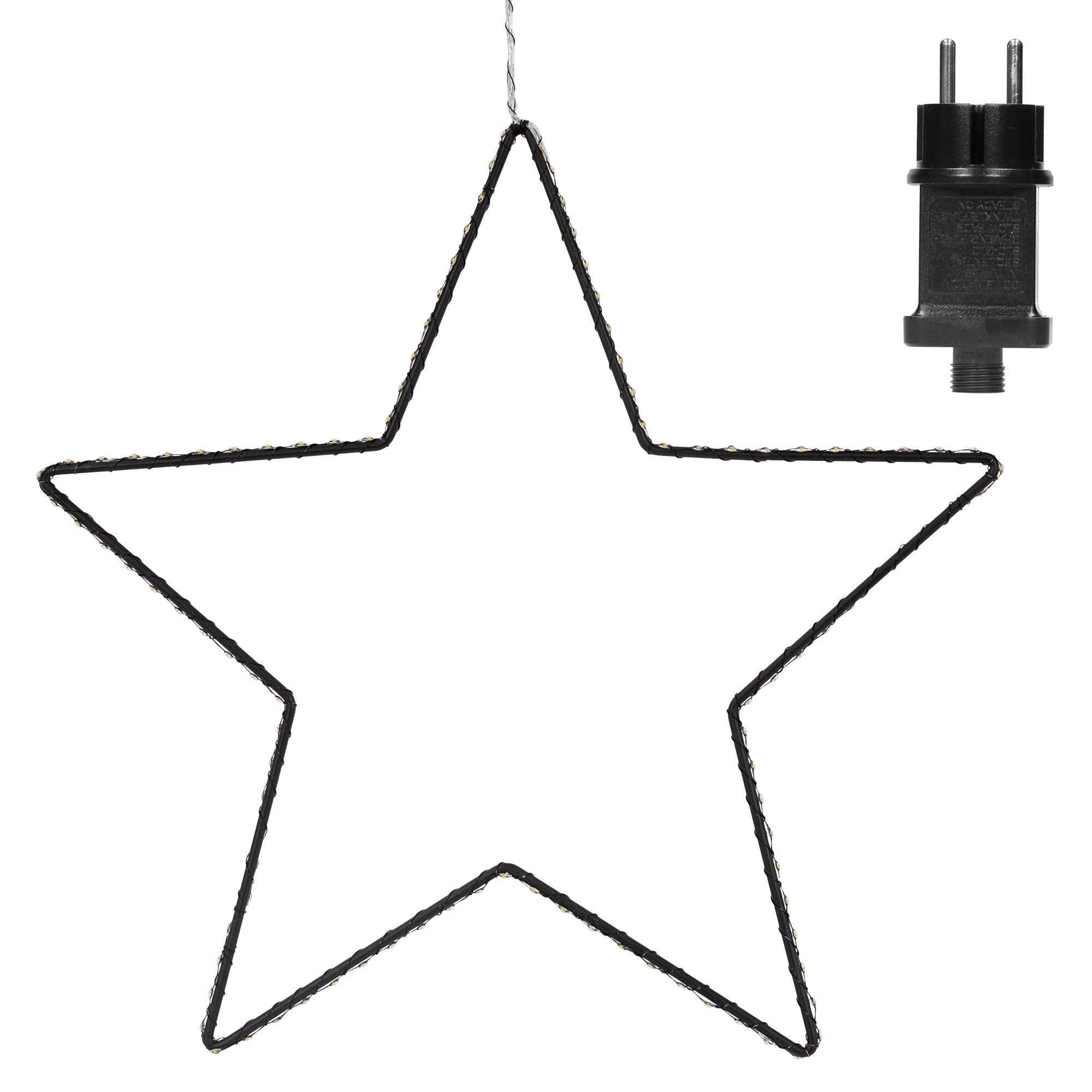 Schwarzer Drahtstern mit Stecker, hängend, auf weißem Hintergrund.