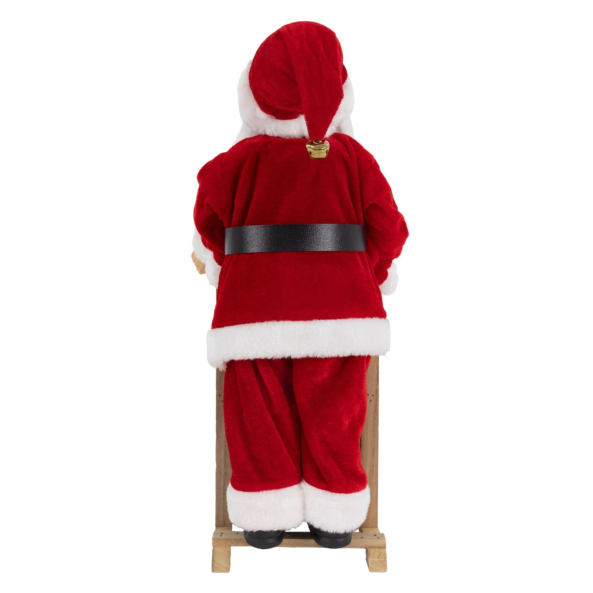 Rückansicht einer Weihnachtsmannfigur in rotem Anzug auf einem Schlitten.