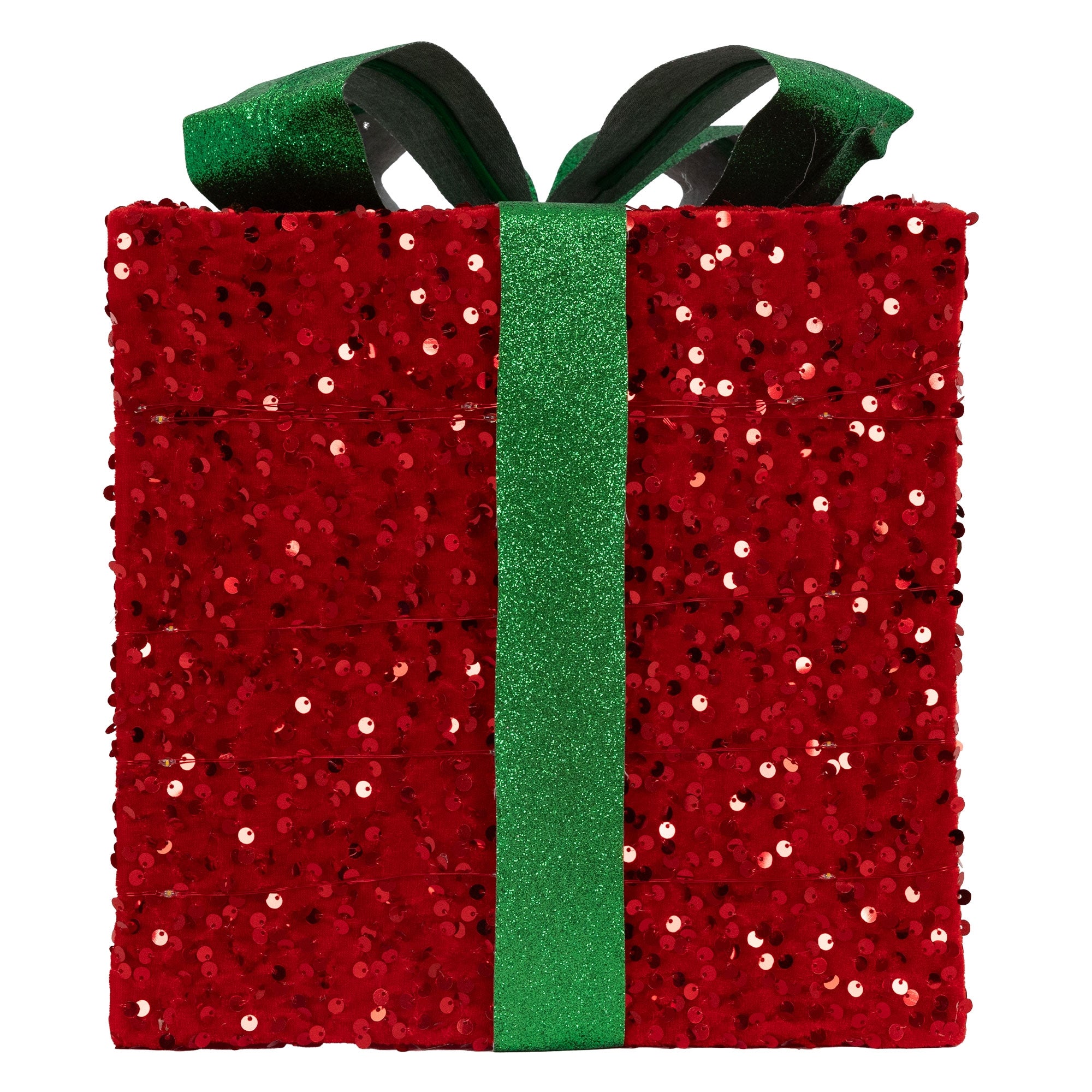 Rotes Geschenkpäckchen mit grüner Schleife und Glitzer.
