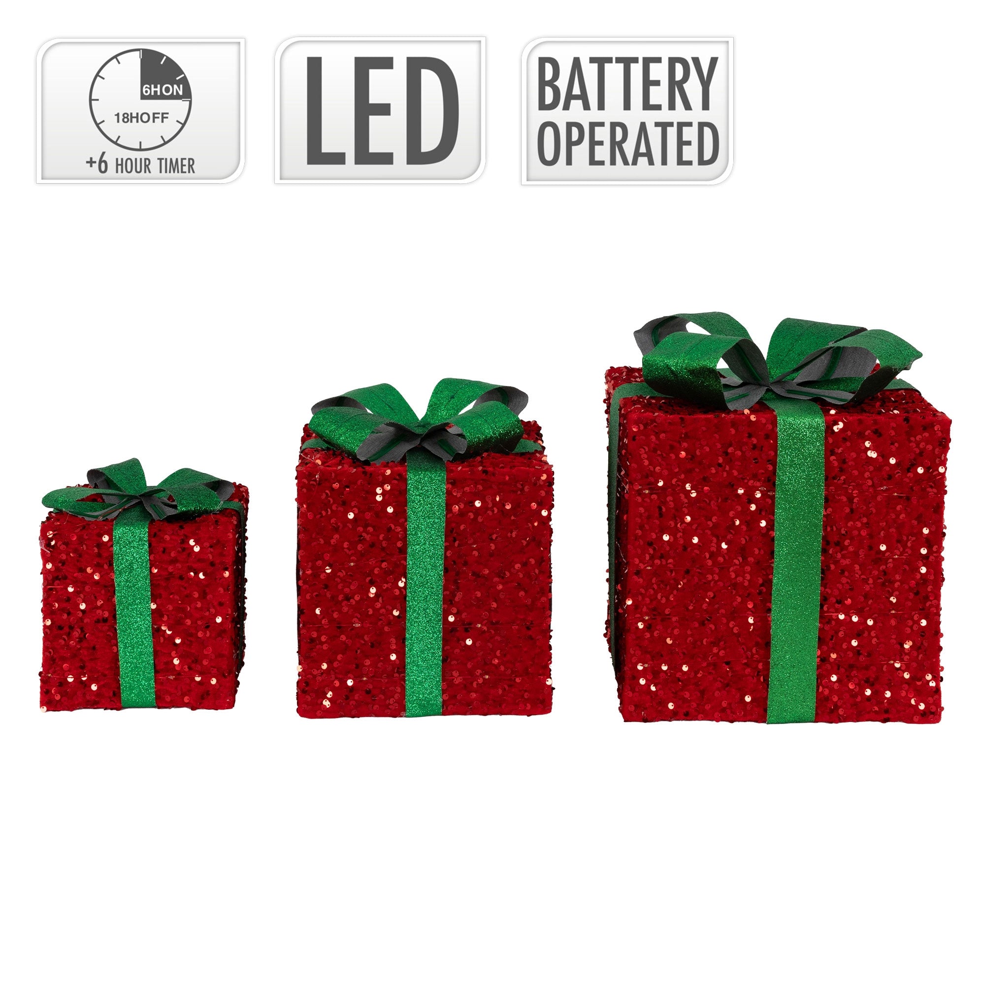 Drei rote Geschenkboxen mit grünen Schleifen, verschiedene Größen und LED-Hinweis.