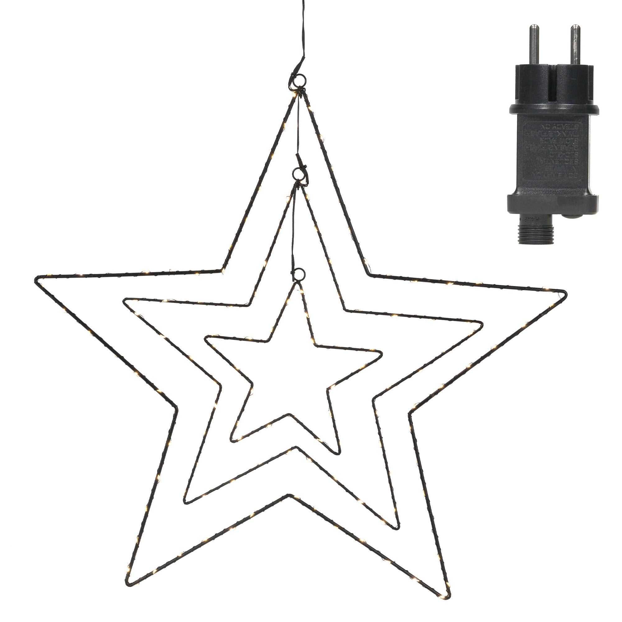 Drahtstern in Schwarz mit einem Stecker auf der rechten Seite.