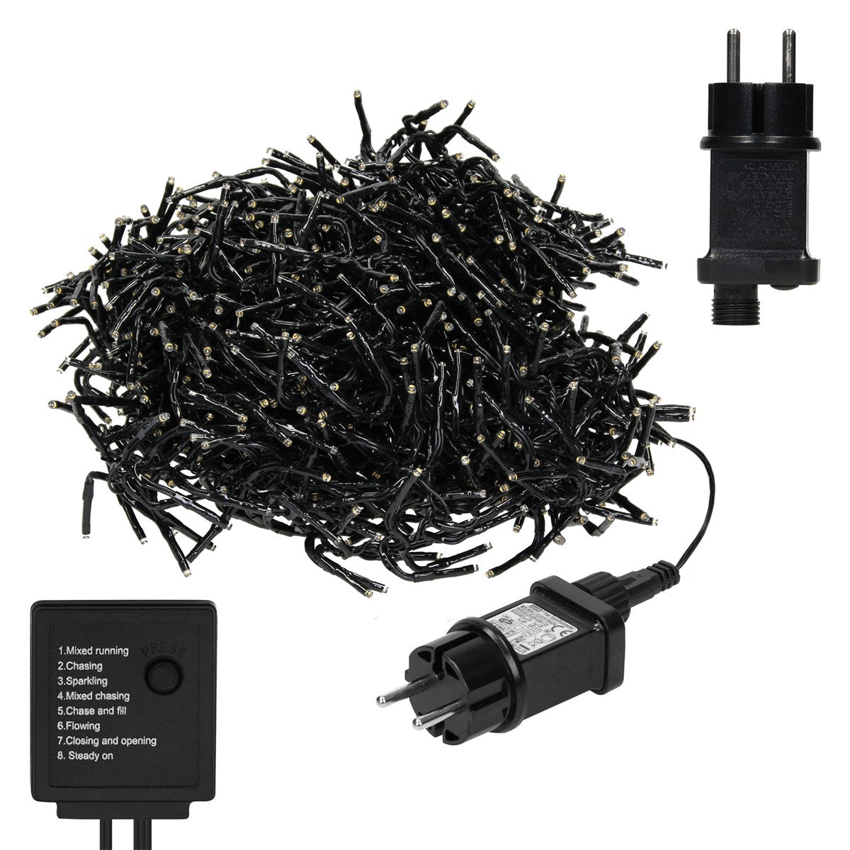 Ein Haufen schwarzer Lichterkabel mit Stecker und Steuergerät.