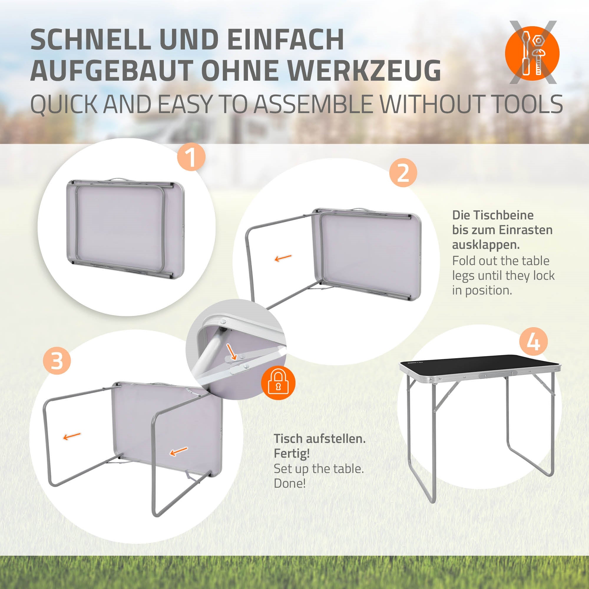 Tisch mit zusammengeklappten Tischbeinen und schwarzer Tischplatte.