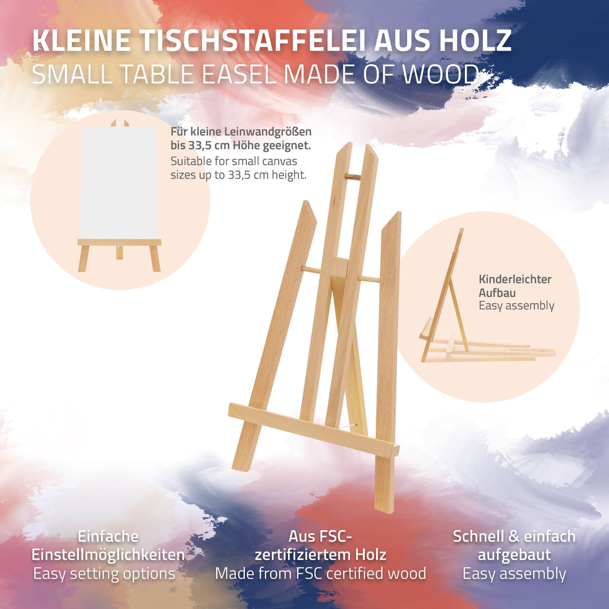 Holzstaffelei für kleine Leinwände, mit einfacher Montage.