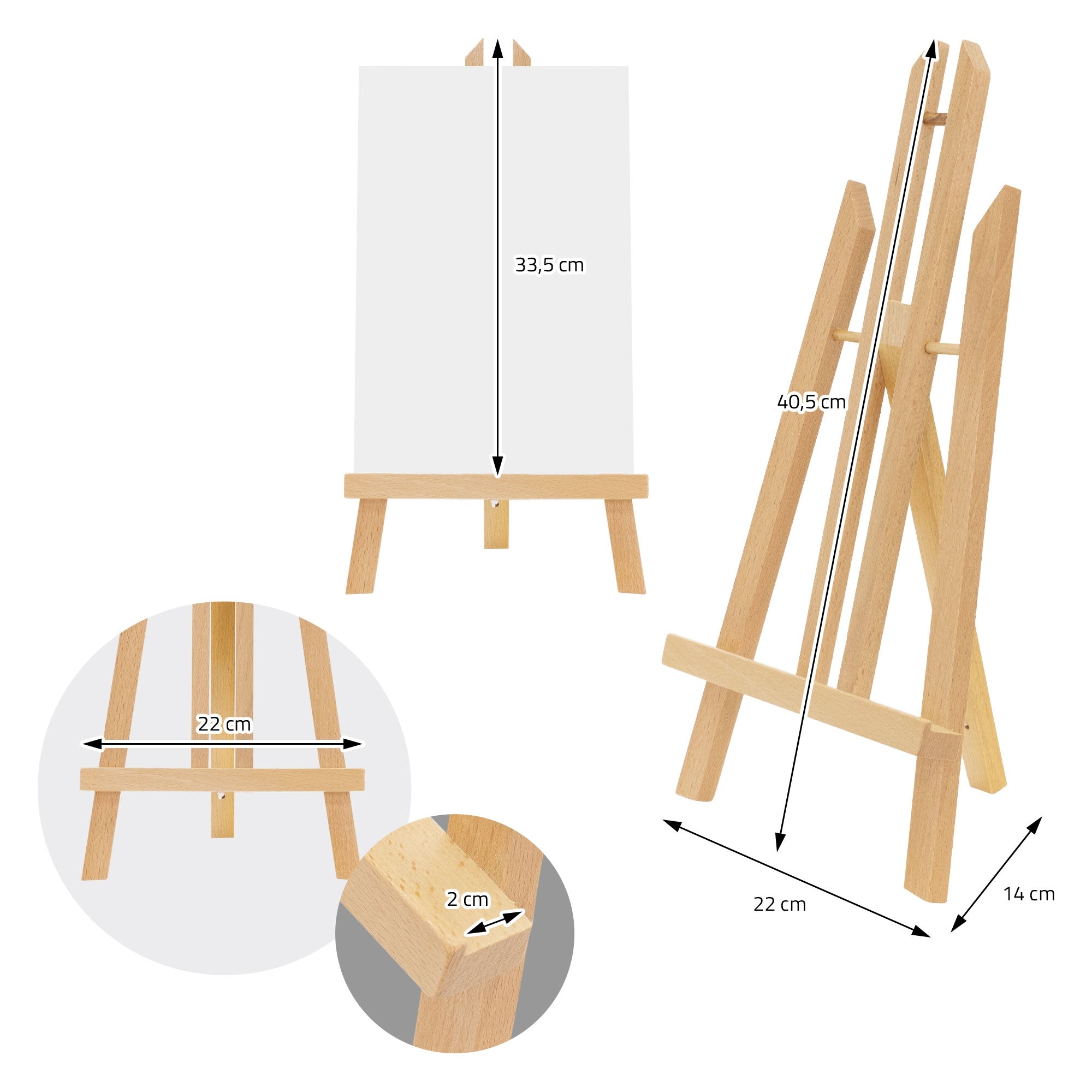 Houten ezel met afmetingen: 33,5 cm hoogte, 22 cm breedte, 40,5 cm diepte.