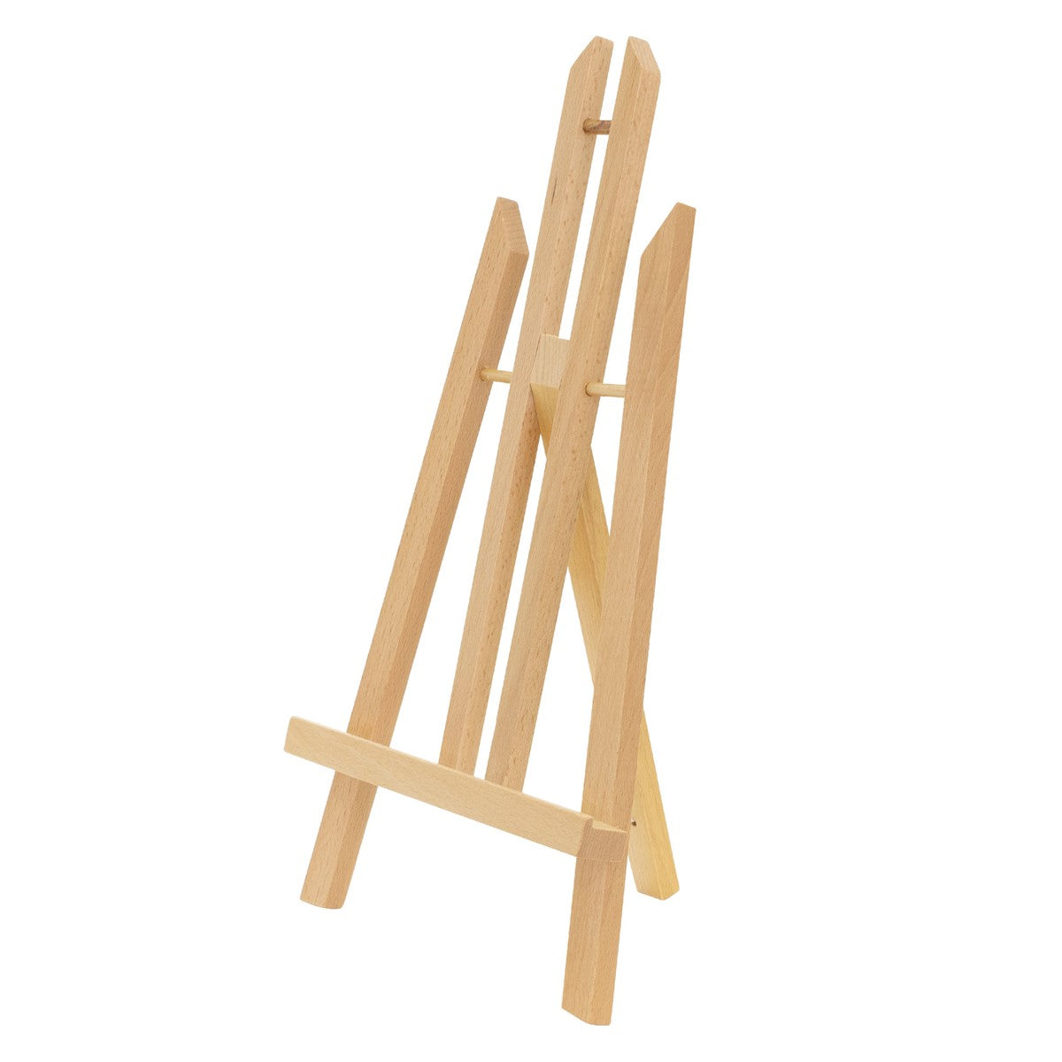 Ein Holzstaffelei in aufrechter Position, auf einem weißen Hintergrund.