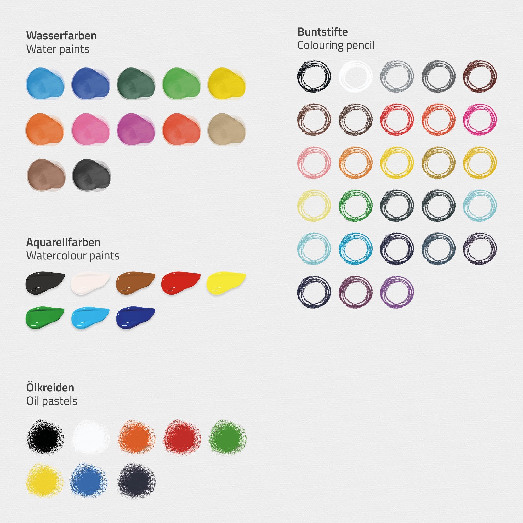 Farben und Buntstifte in verschiedenen Farbtönen auf grauem Hintergrund.