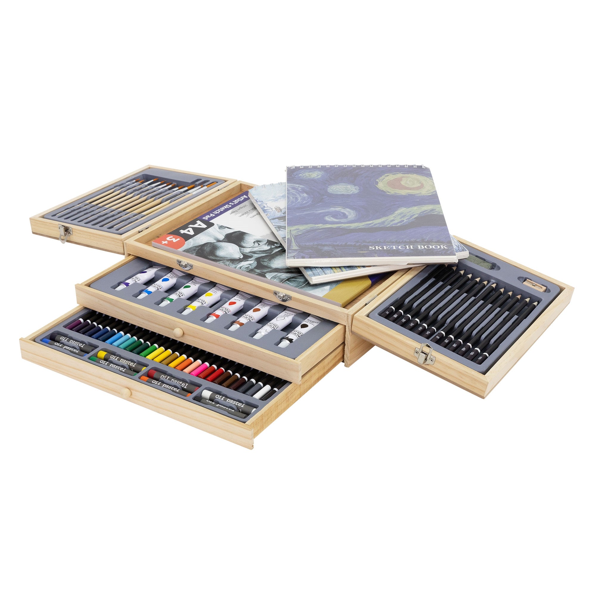 Ein offenes Kunstset mit verschiedenen Stiften, Farben und einem Skizzenbuch.