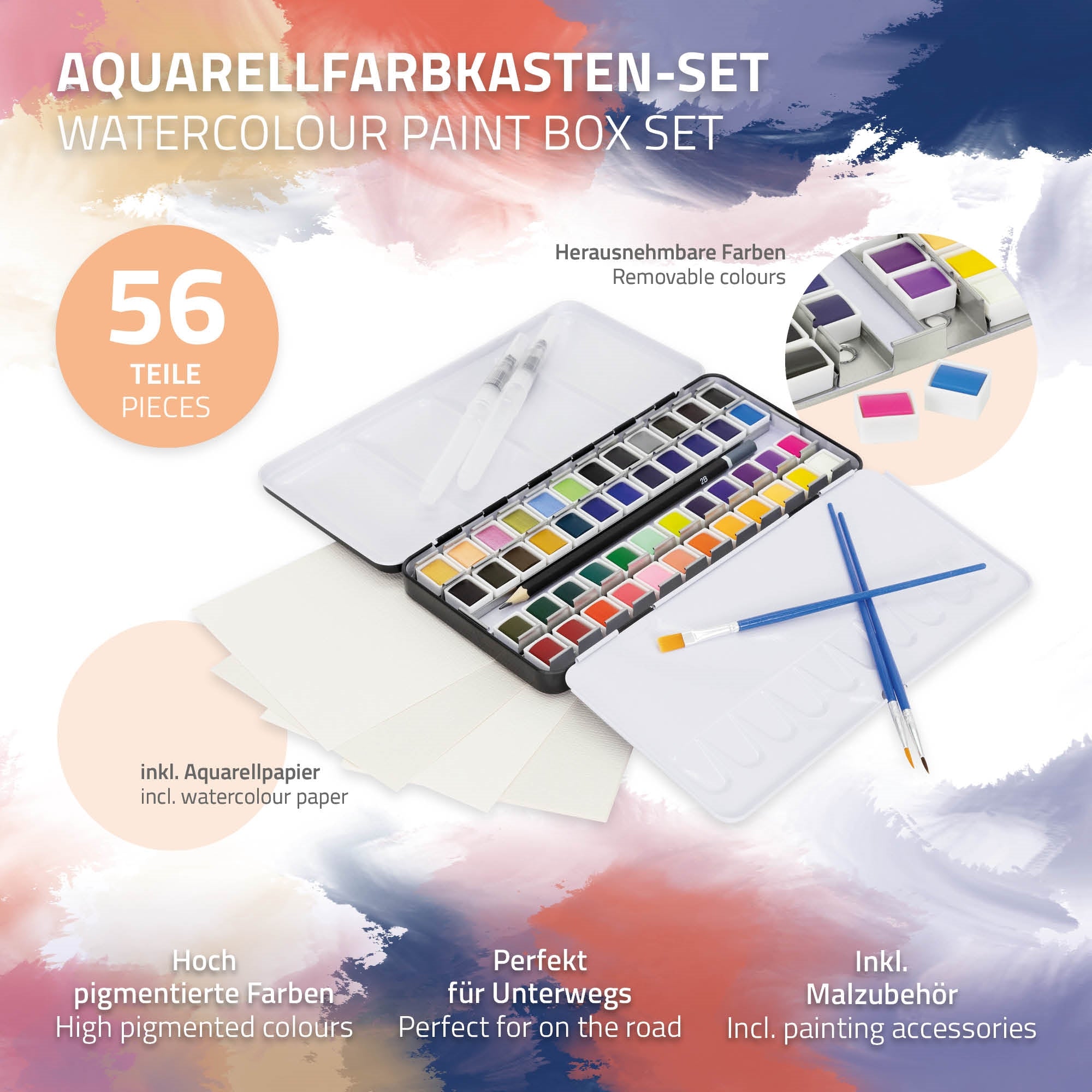 Aquarellfarbkasten-Set mit 56 Teilen, inklusive Aquarellpapier und Pinsel.