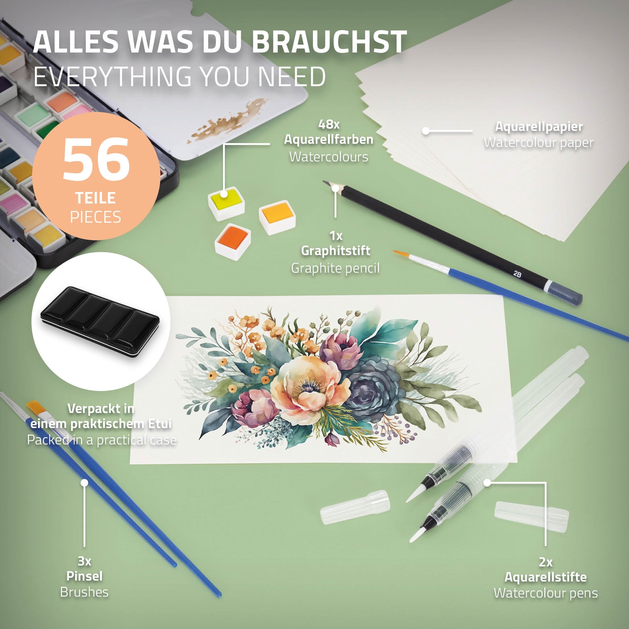 Set with watercolor paints, brushes, and paper in a convenient packaging.
