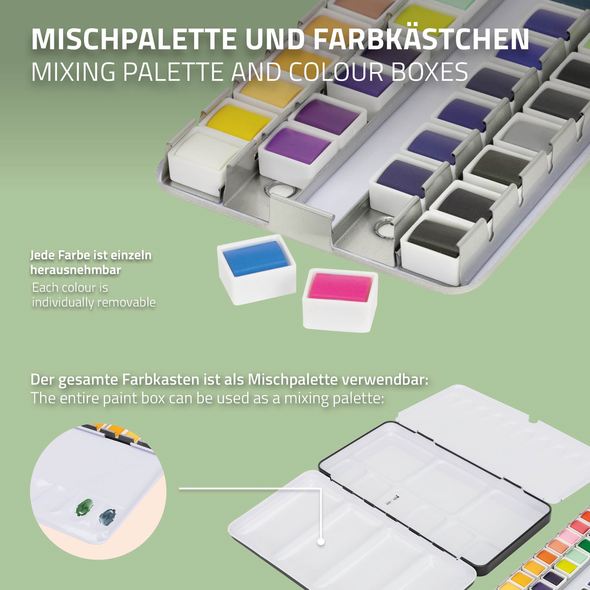 Mixing palette with removable color box and various colors.