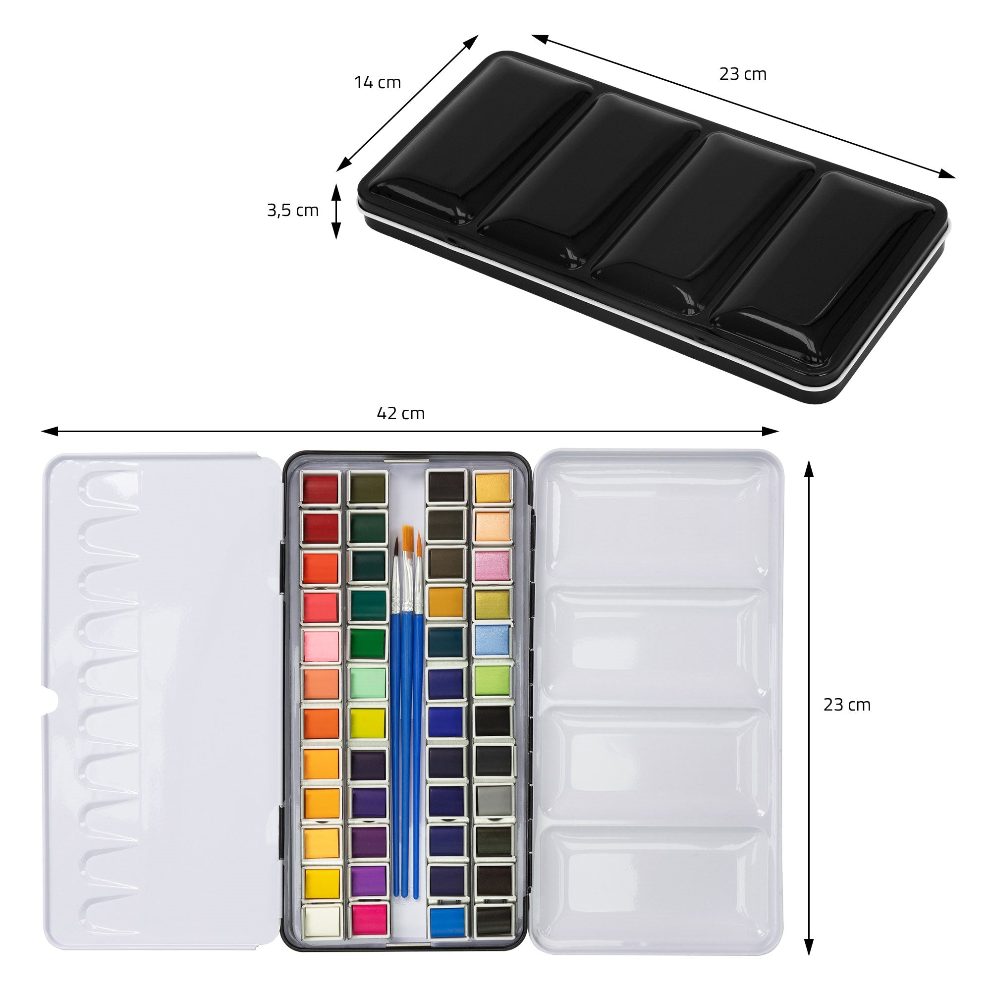 Watercolor paint box with various colors and brushes on a table.