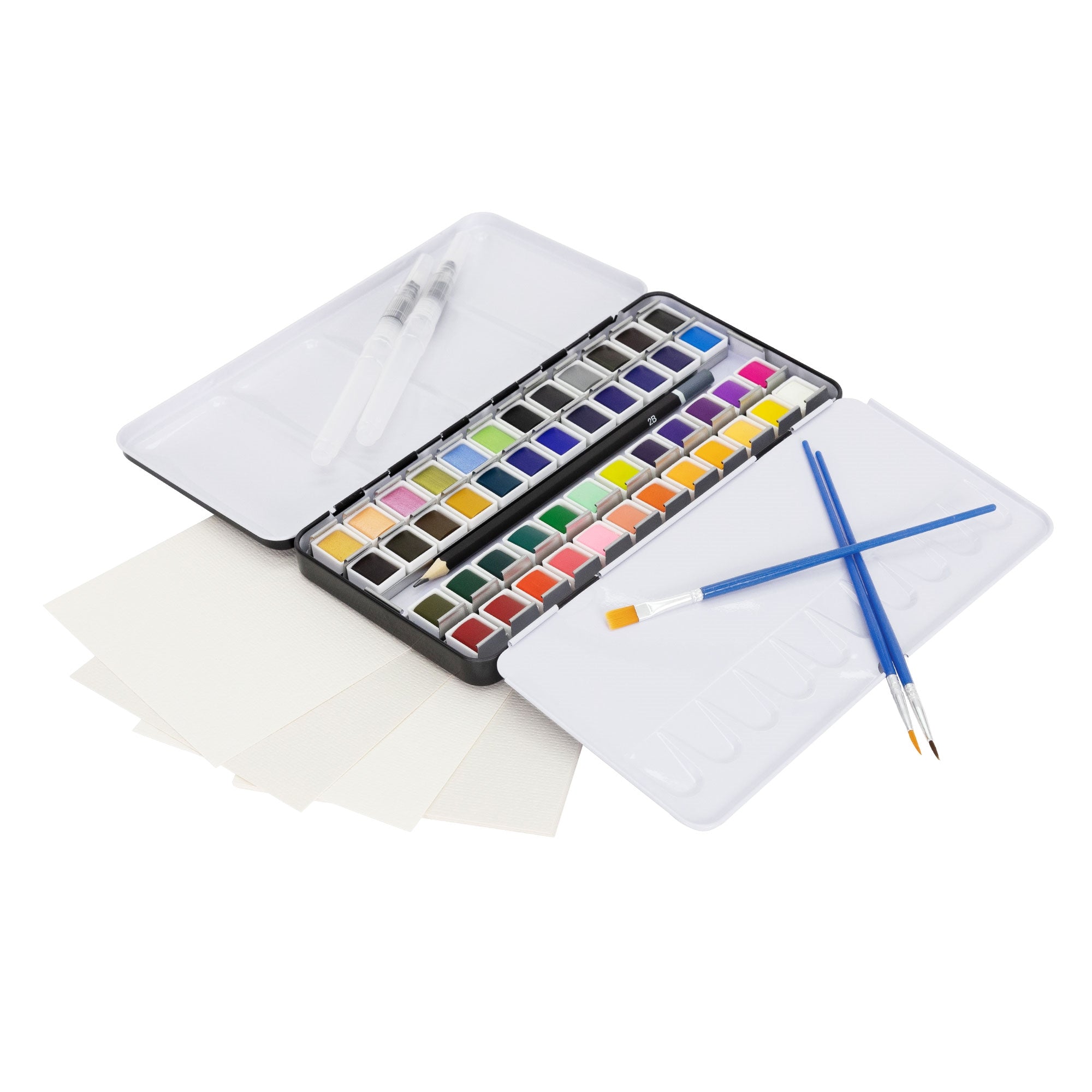 Aquarellkasten mit Farben, Pinseln und leeren Papierblättern.