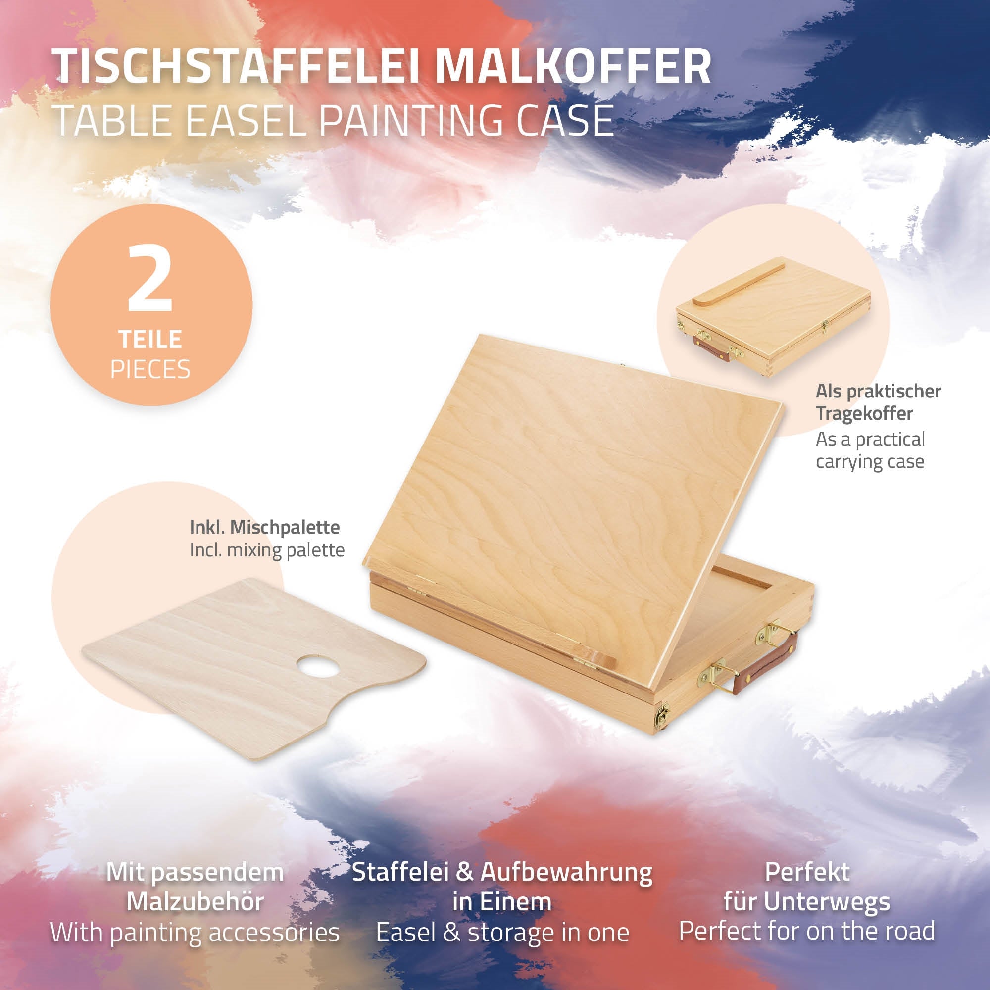 Bild eines Tischstaffelei-Malkoffers mit Palette und Zubehör.