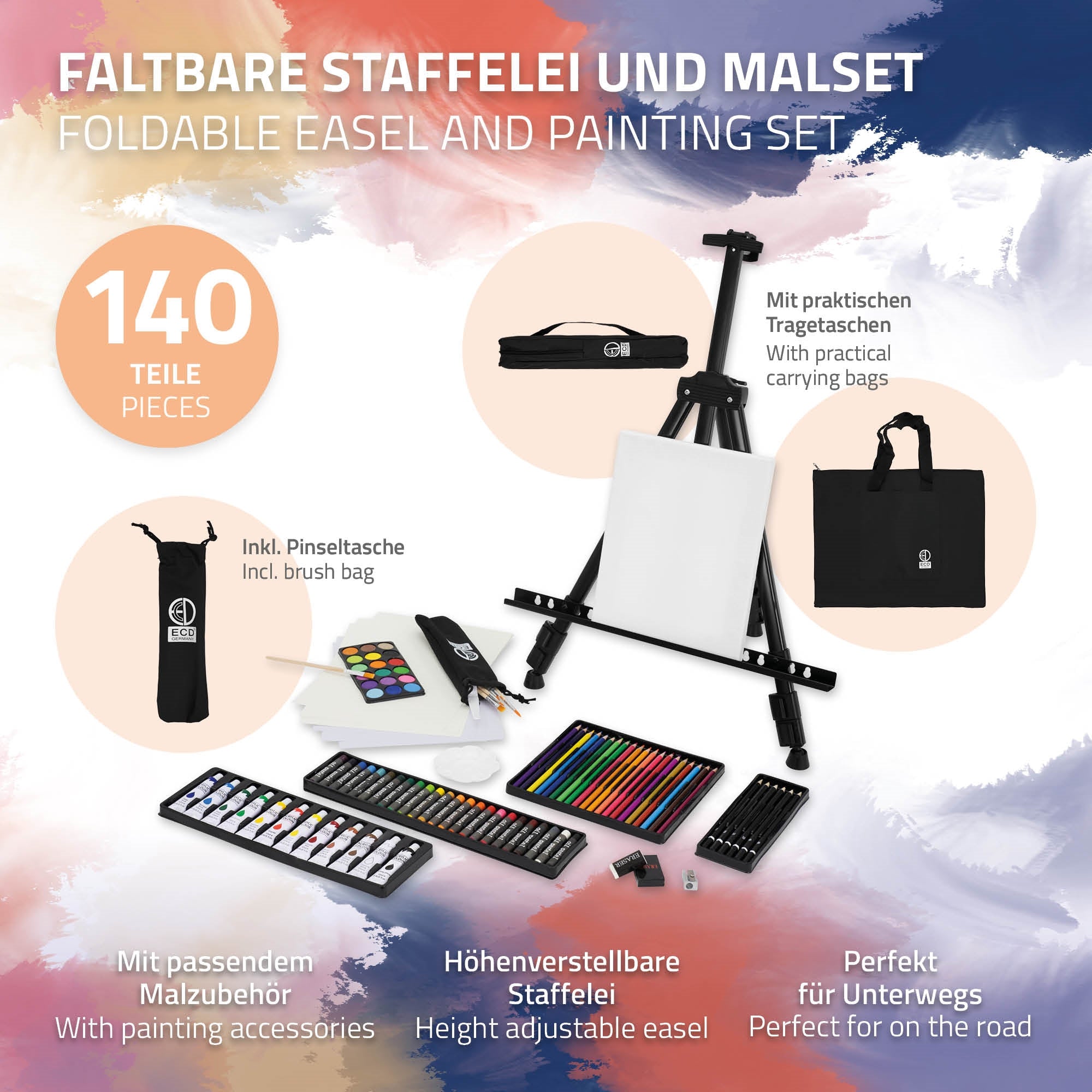 Bild eines faltbaren Malsatzes mit Staffelei und Malutensilien.