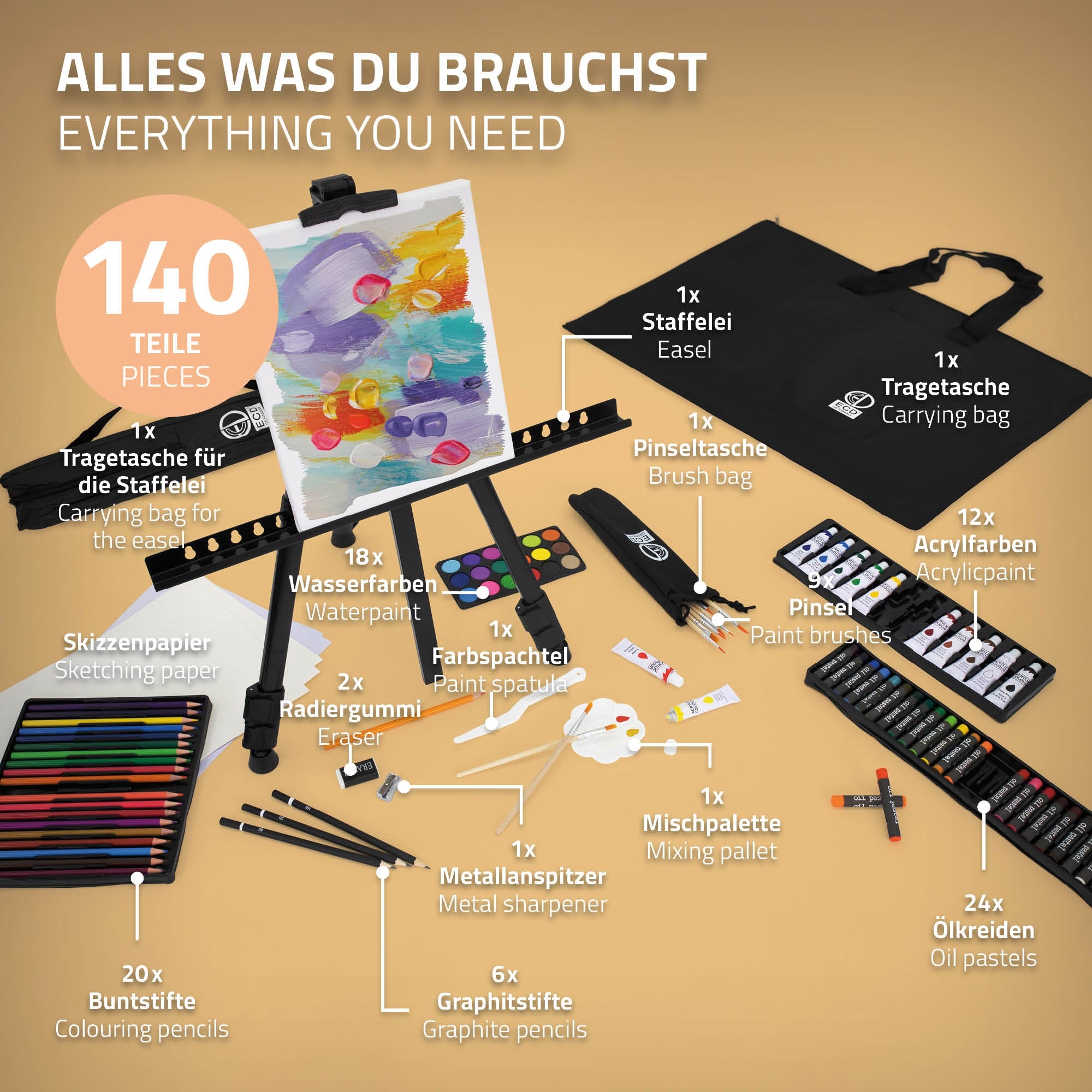 Kunstbedarf mit Staffelei, Farben, Pinseln und weiteren Materialien auf einem Tisch.