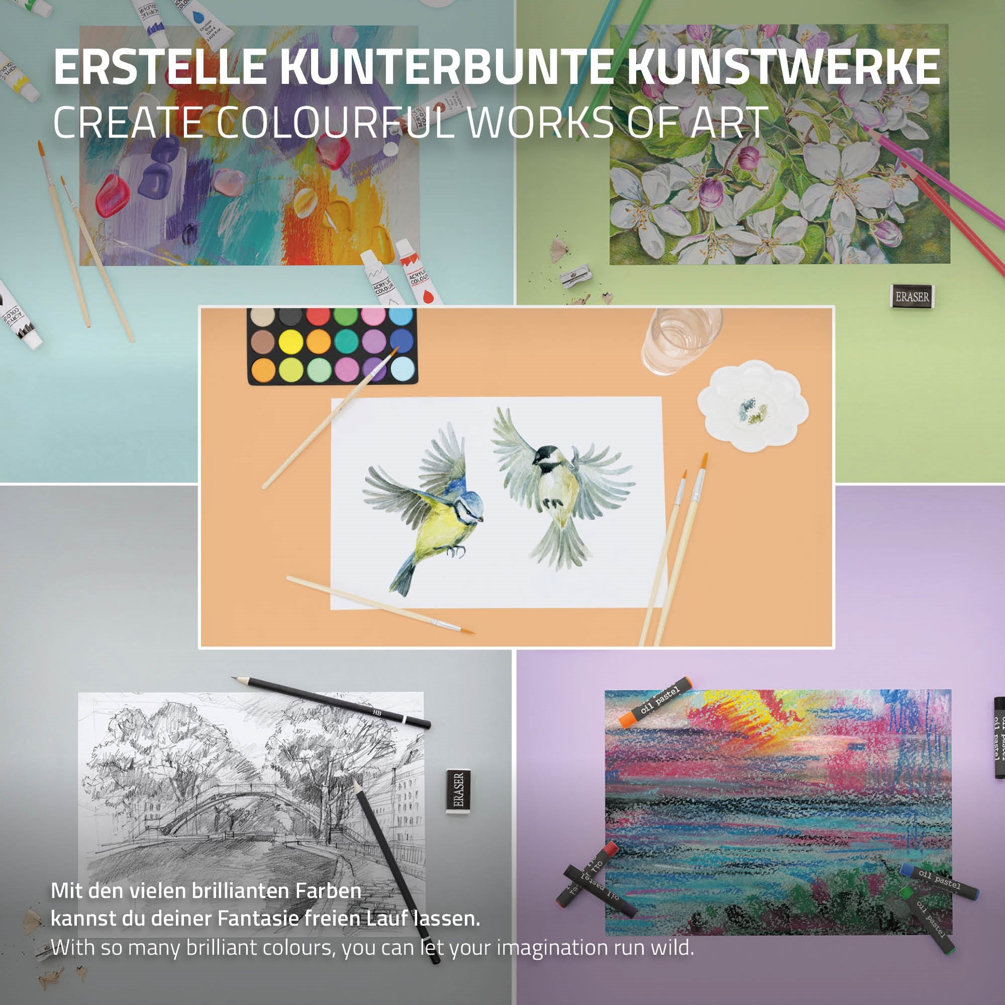 Bunte Kunstwerke auf einem Tisch mit Farben, Pinsel und Zeichnungen.