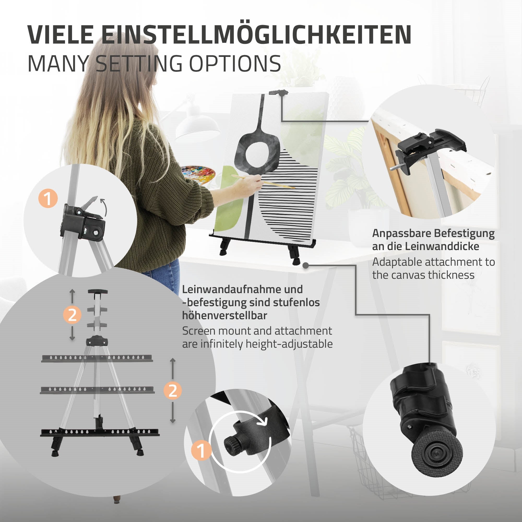 Person mit einem Bildschirmhalter, der an einer Leinwand befestigt ist.