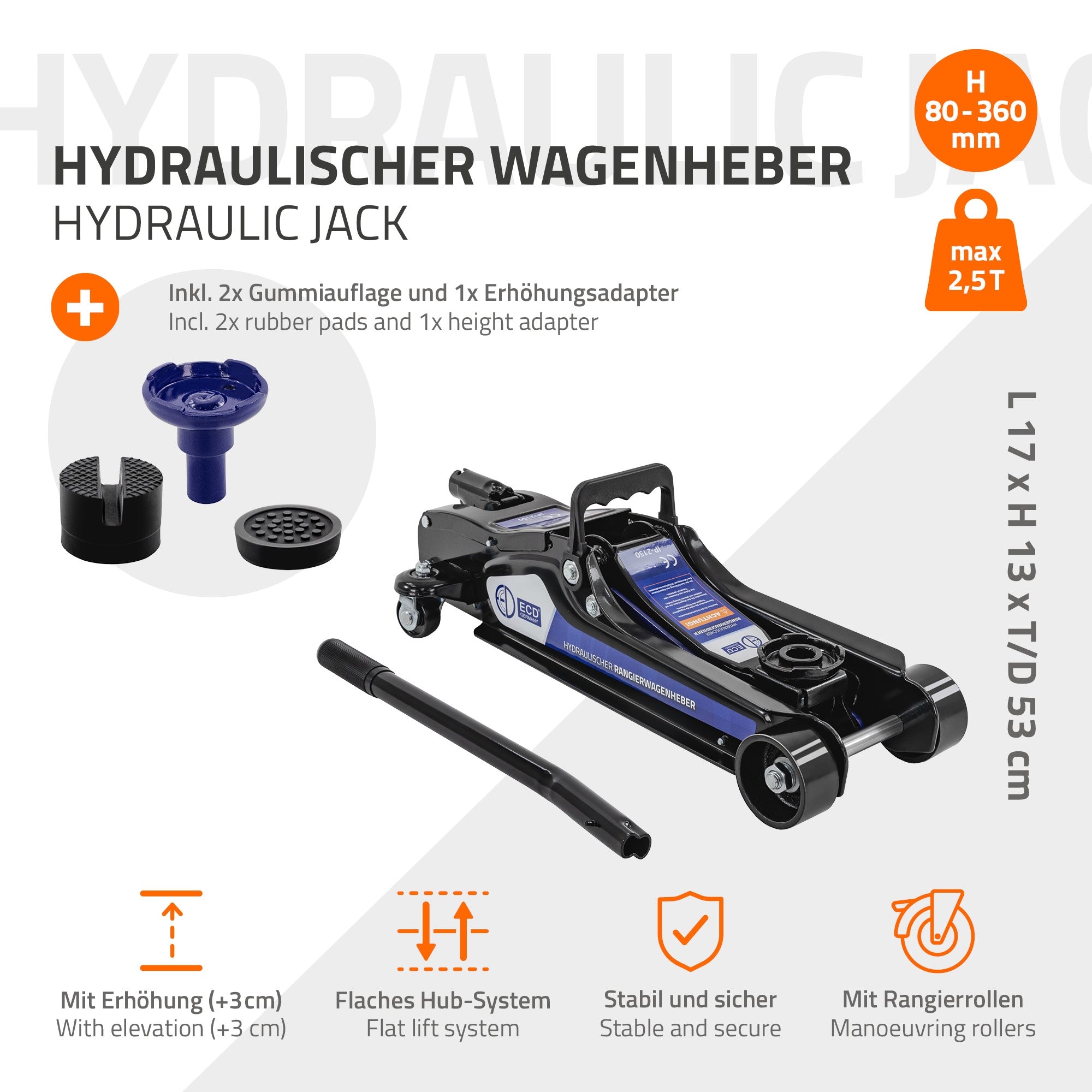 Hydraulischer Wagenheber mit technischen Details und Zubehör.